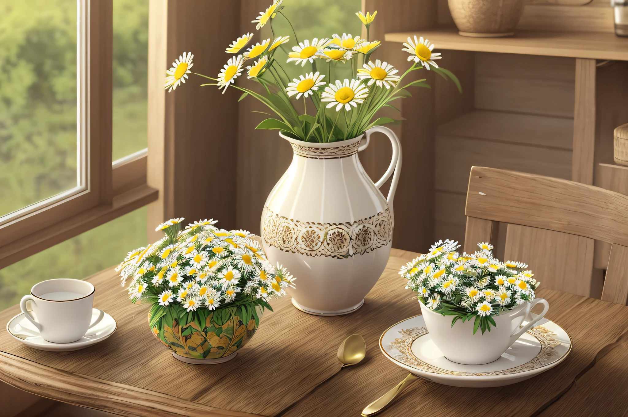 there is a cup of daisies on a wooden table, canvas print, in the morning, morning time, vase with flowers, chamomile, flowers background, cheerful atmosphere, early morning mood, flowers in background, cozy cafe background, beautiful flowers, early morning, bloom and flowers in background, springtime morning, awesome greate composition, highly detailed composition, photoreal render --auto --s2