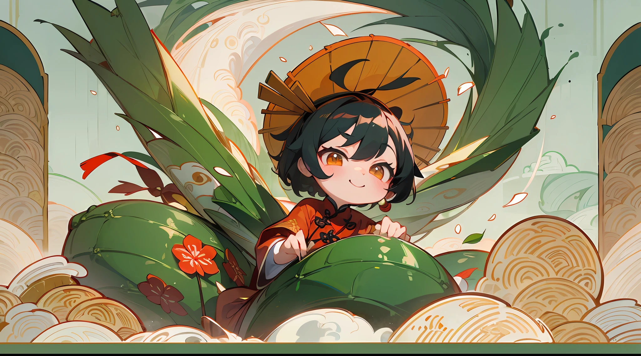 (Masterpiece, high resolution, detail: 1.2), cute zongzi cartoon image, facial features simulated humanization, (big eyes, bright and shiny: 1.1), (sweet smile: 1.2), (soft and smooth appearance: 1.1), (Colorful axe color: 1.2), (small wrists and legs: 1.1), (rice dumpling leaf body: 1.2), (Chinese dragon boat: 1.1), (majestic dragon head: 1.2), (rhythmic planning animation: 1.1), (surging river: 1.2), (spectacular depth of field effect: 1.3), (stunning picture beauty: 1.2), (traditional Chinese festivals: 1.1), (festive atmosphere: 1.2), (Lively Auditorium: 1.1), (Cheers and Firecrackers: 1.2), (Chinese Elements: 1.1), (Smell of Zongzi: 1.2), (Joyful Rafting Competition: 1.1), (Pleasant Scene: 1.2), (Perfectly Captured Sight: 1.1), (Suitable for Mobile Wallpaper: 1.2), (Exquisite Illustration, Cartoon Style: 1.3), Chinese Dragon Boat Festival Elements, Anthropomorphic Zongzi Image with Five Features, (Cute and Moe: 1.2), Smiley Facial Expression, (Big Eyes:1.1), sweet smile, lifelike facial features, (colorful wrap: 1.2), delicate skin lines, (soft and delicious rice filling: 1.1), sweet rice dumpling leaf aroma, (cheerful ribbon decoration: 1.2), symbol of the Dragon Boat Festival, (bamboo leaf background: 1.1), verdant, (full of festive atmosphere: 1.2), Dragon Boat Festival blessings, bright colors, joyful atmosphere, Chinese dragon boats, flowers, flowers full of screen, full of Chinese Dragon Boat Festival elements, perfect form of Chinese zongzi, chibi