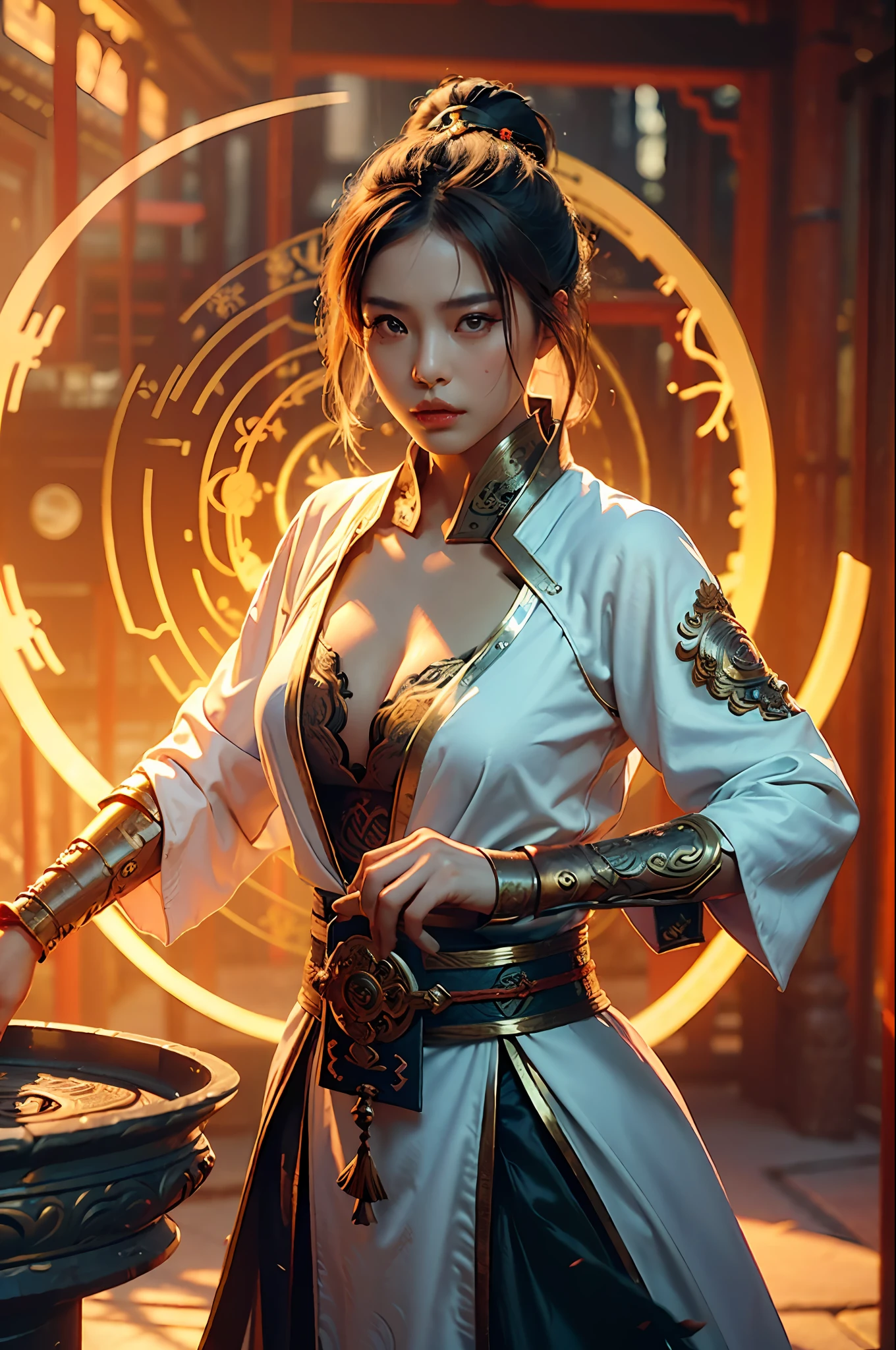 Best quality,masterpiece,ultra high res,(photorealistic:1.4),xiuxian,weapon,Detailed face,
1girl,solo,weapon,cleavage,(magic circle:1.2),xiuxian,upper body,Beautiful girl,full body,east asian architecture,sheath,architecture,