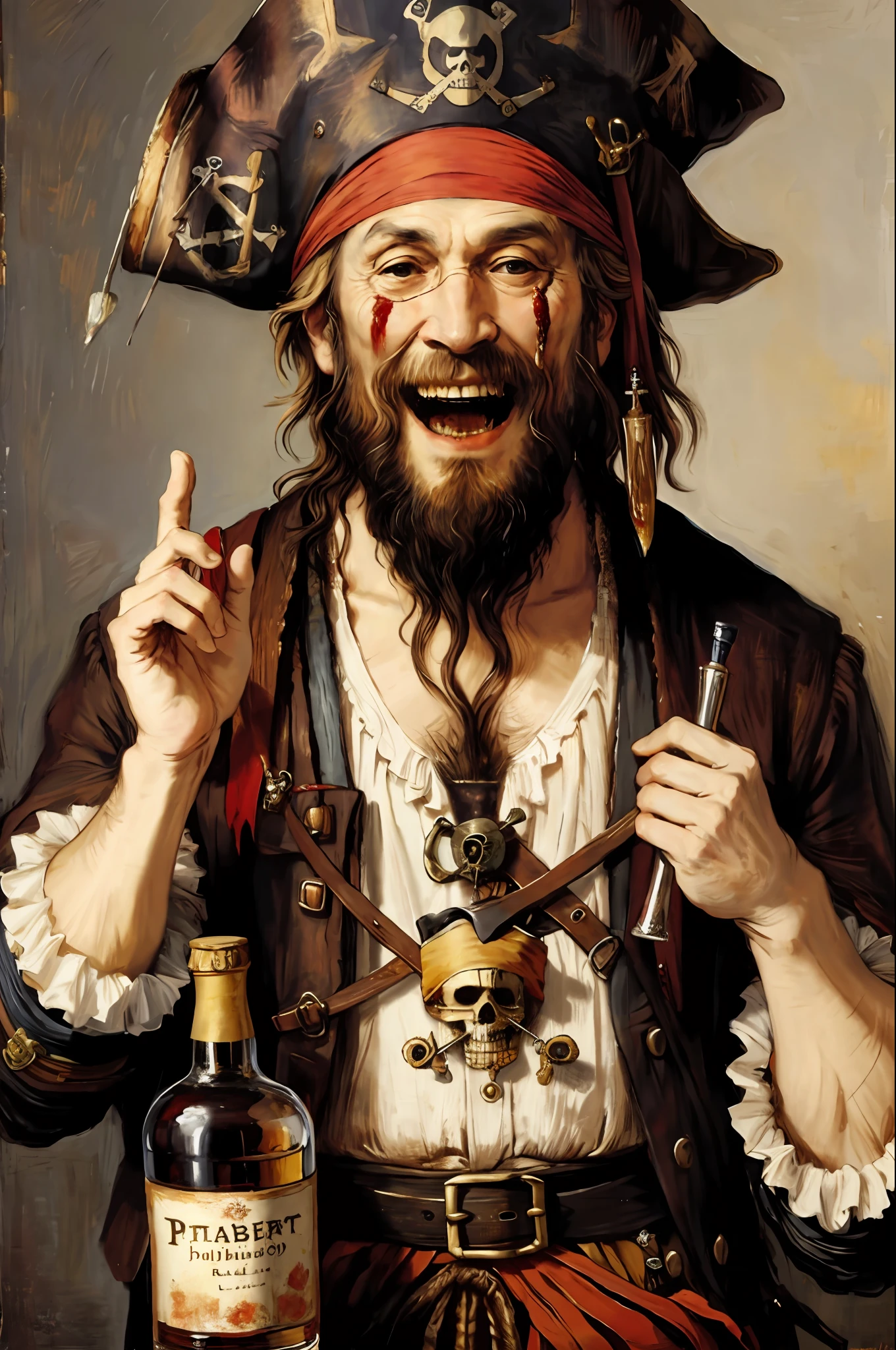 (oil painting style, oil painting, rembrandt, rembrandt style), face portrait of ((1 pirate)) old, long beard, eye patch, scars, blood, laughter, hiding a bottle of rum