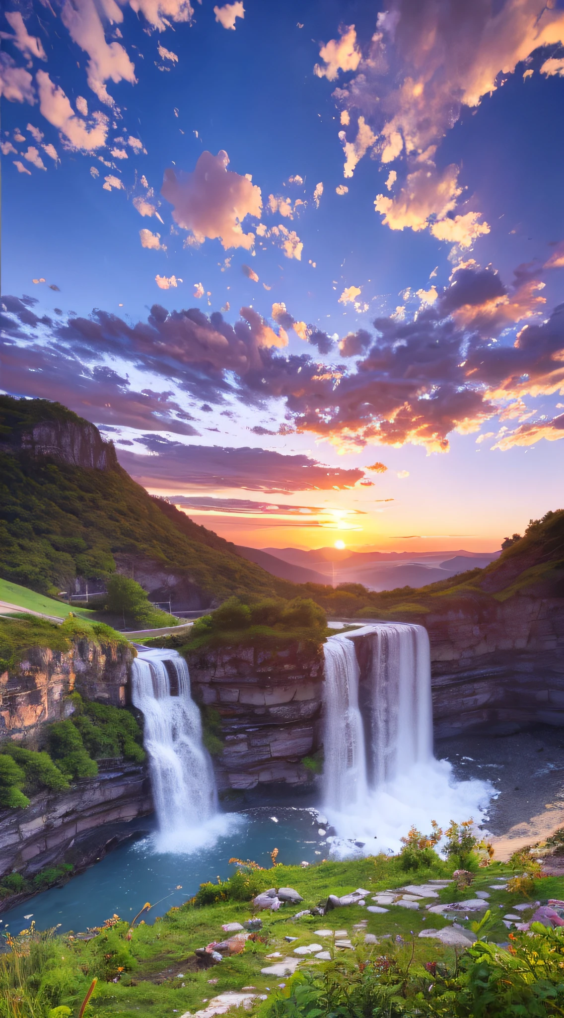 Landscape waterfall in mountains sunset image best quality, high quality, beautiful wallpaper deserted beach 8k extremely detailed, photography --auto --s2