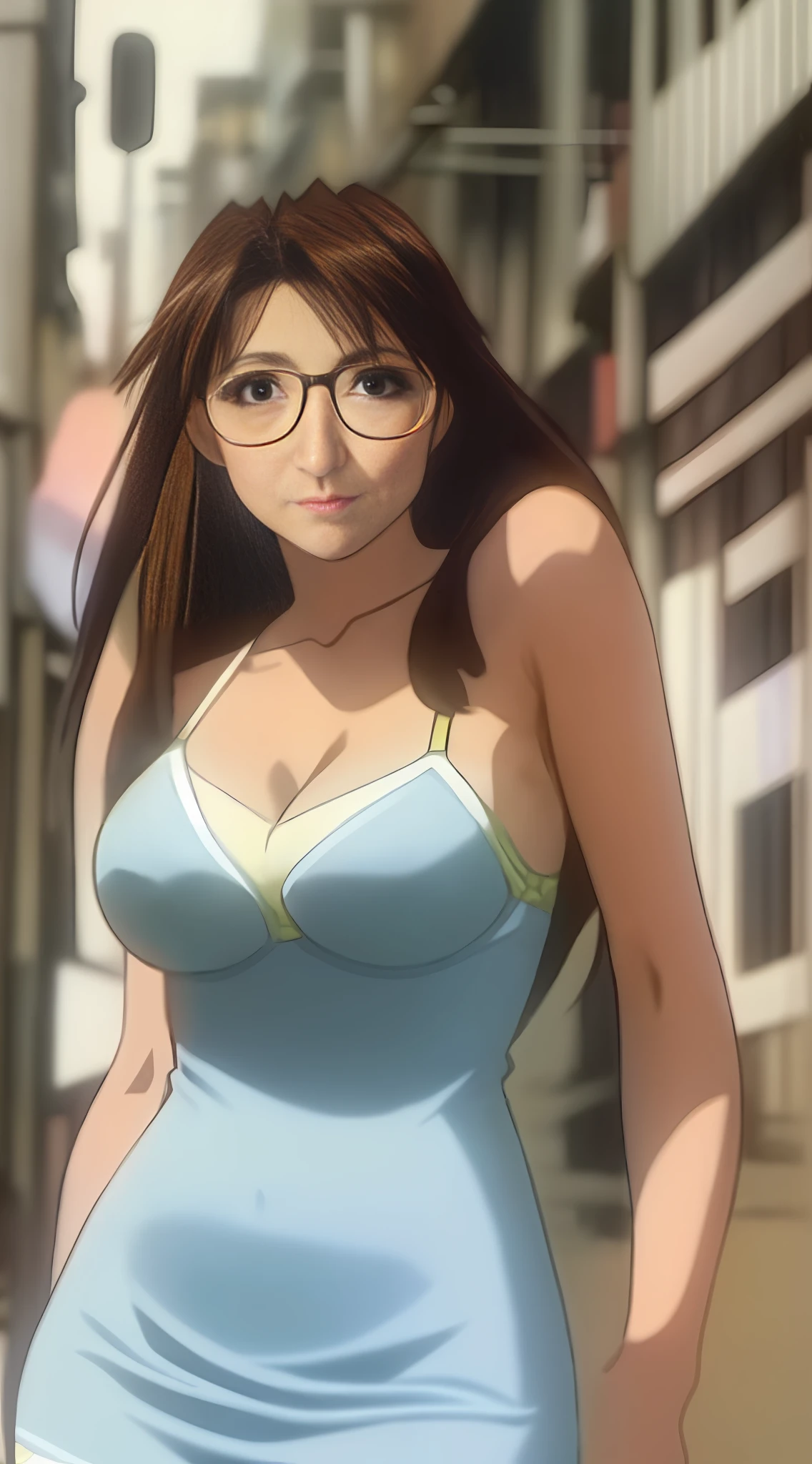 Koyomi Mizuhara, long brunette hair, glasses, bra, huge breasts, cleavage, huge ass, skinny waist line, alleyway background, Tight skimpy dress, sexy backside view, dress wedgie on ass cheeks