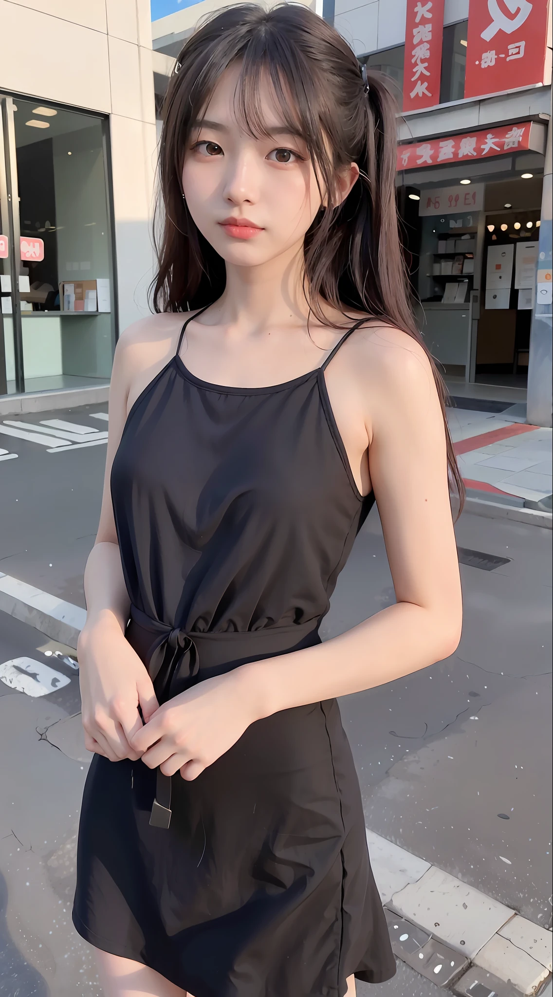 (Top Quality, 8K, Masterpiece: 1.3)), (1 person: 1.4), 1girl, Japan woman, Goddess, 15 years old, portrait photography, high contrast, divine perspective, aperture F1.2, focal length 24mm, (full body: 1.2), smile, photo pose, fine lace, slip dress, simple cut dress, brand dress, simple cut, long black hair, hair tying, ultra detailed skin details, Detailed fabric texture