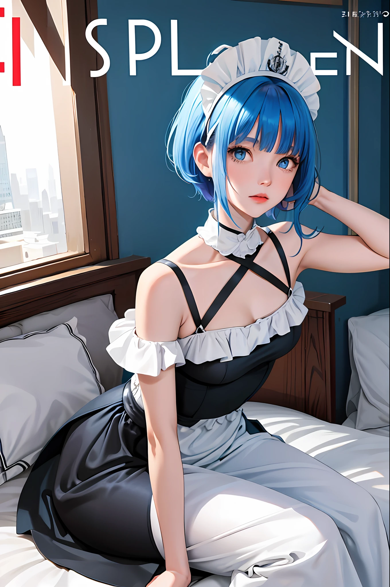 Poster, text, cover, ((poster cover)), ((magazine cover)), masterpiece, superlative, spring dress, colored hair, magazine cover, upper body, 1 girl, maid outfit, light blue short hair, black outfit, maid outfit, bed, exposed shoulders, blue eyes, hairpins, full body, sitting on bed, ((bangs comb on the right))), window, sunlight, (symmetrical eyes) magazine cover, upper body