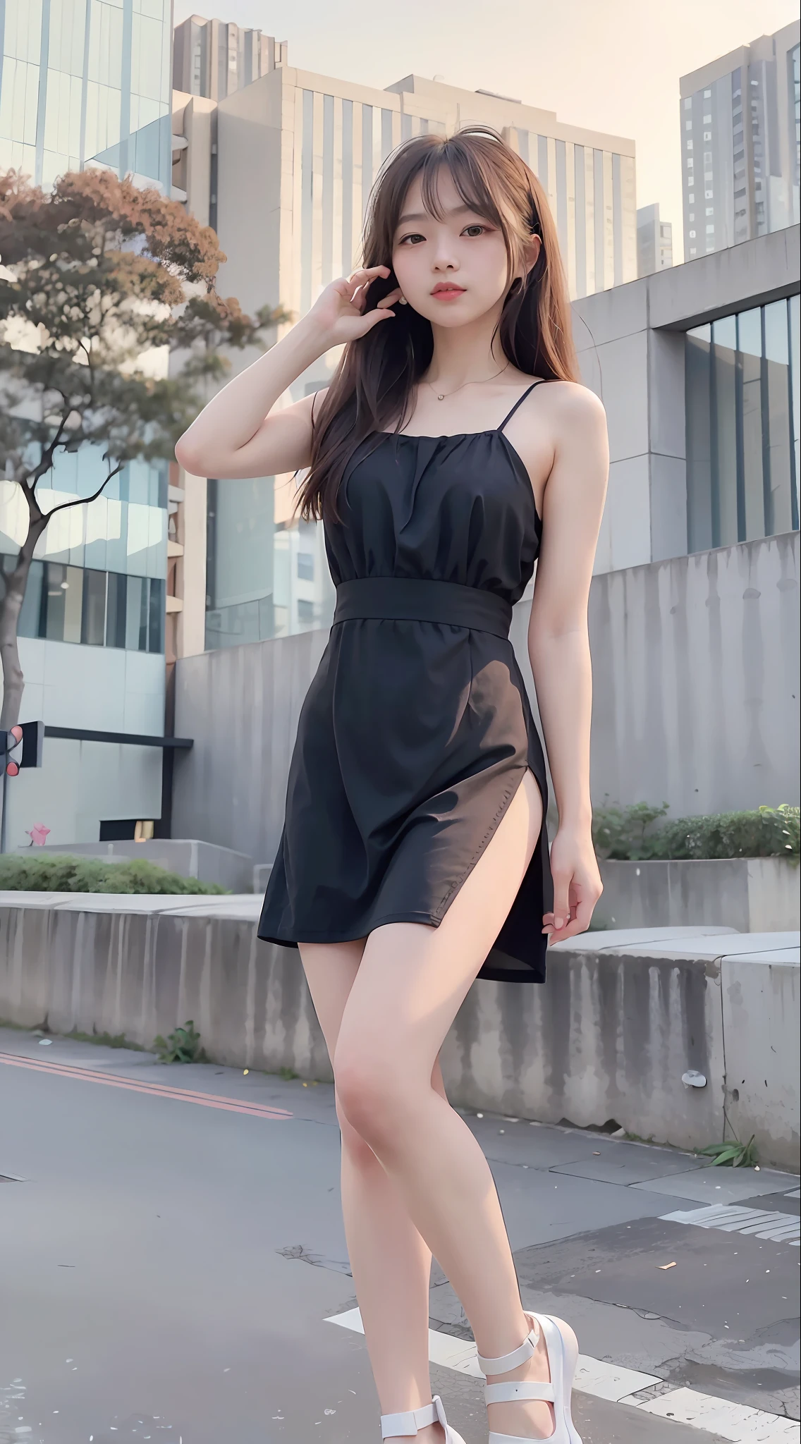 (Top Quality, 8K, Masterpiece: 1.3)), (1 person: 1.4), 1girl, Japan woman, Goddess, , portrait photography, high contrast, divine perspective, aperture F1.2, focal length 24mm, (full body: 1.2), smile, photo pose, fine lace, slip dress, simple cut dress, brand dress, simple cut, long black hair, hair tying, ultra detailed skin details, Detailed fabric texture