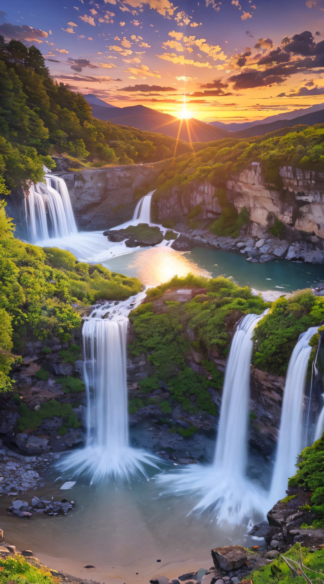 Landscape waterfall in mountains sunset image best quality, high quality, beautiful wallpaper deserted beach 8k extremely detailed, photography --auto --s2