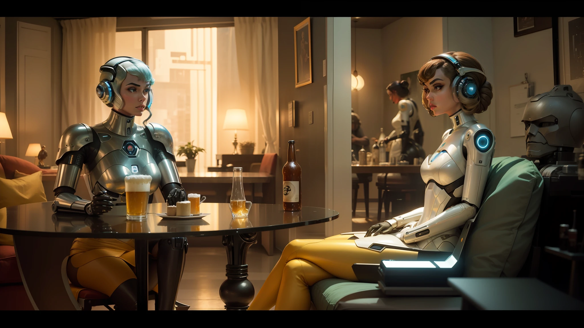 araffe and a woman sitting in a chair in a living room, humanoid robot from ex machina, beer advertisement, screengrab, as a retrofuturistic heroine, inspired by Herbert Bayer, taylor swift as princess leia, servers, sprite, sitting at table, doja cat, computation, beyonce --auto --s2