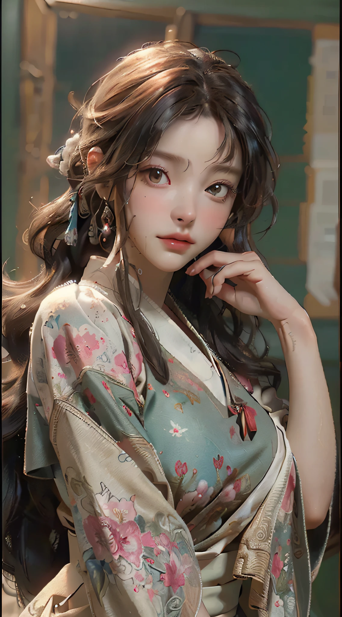 (RAW photo, best quality), (realistic, photo-realistic:1.3),best quality,highly detailed,masterpiece,ultra-detailed,illustration,1girl,upper_body,dynamic angle,world masterpiece theater,messy_long_hair,best quality,extremely detailed CG unity 8k wallpaper,ink,Amazing,cinematic lighting,lens_flare, dunhuang_style