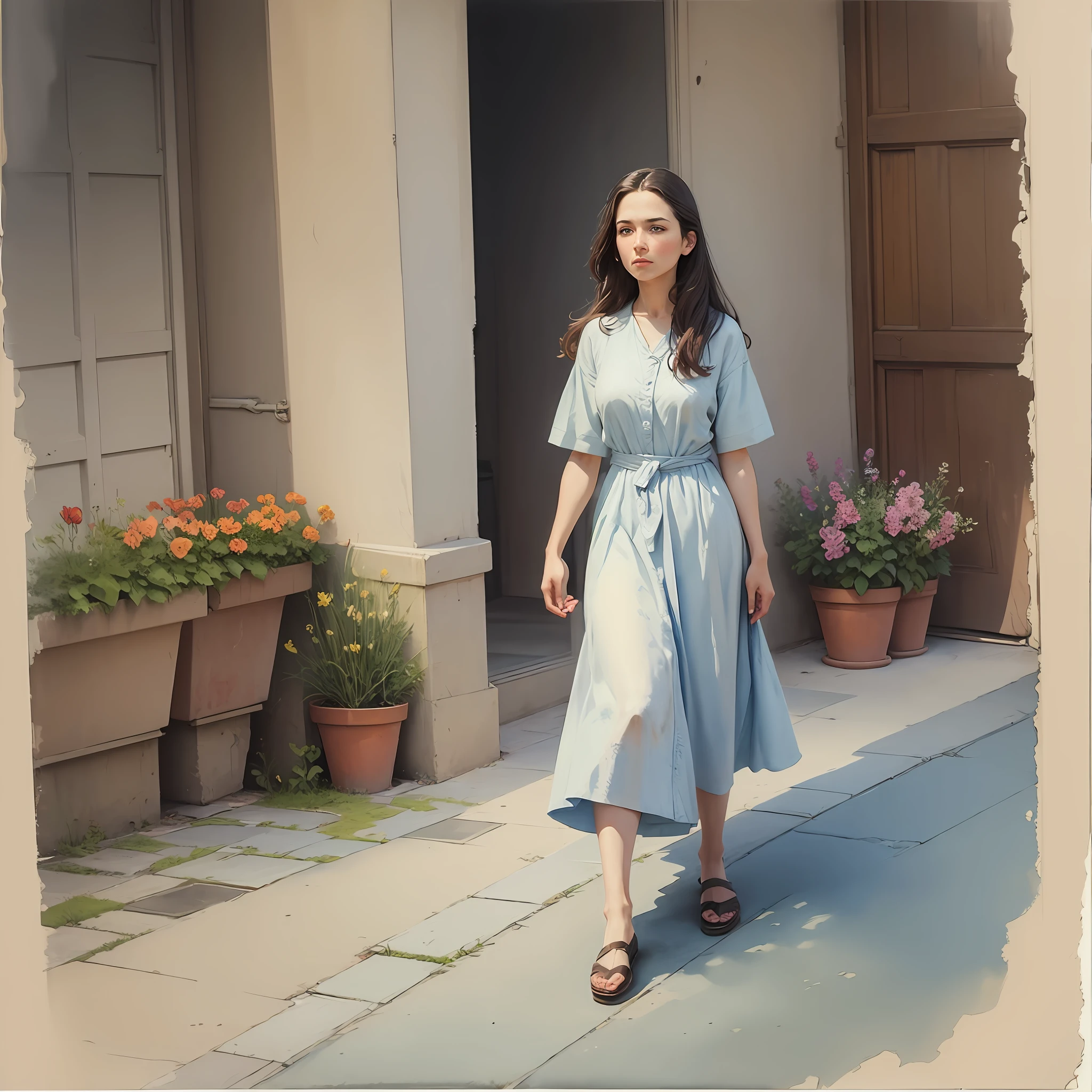 watercolor painting a 25 years old woman, perfect body, spring flowers, oil, Modernism, Perspective of the rule of thirds, Documentary scene and feet candido portinari --auto --s2
