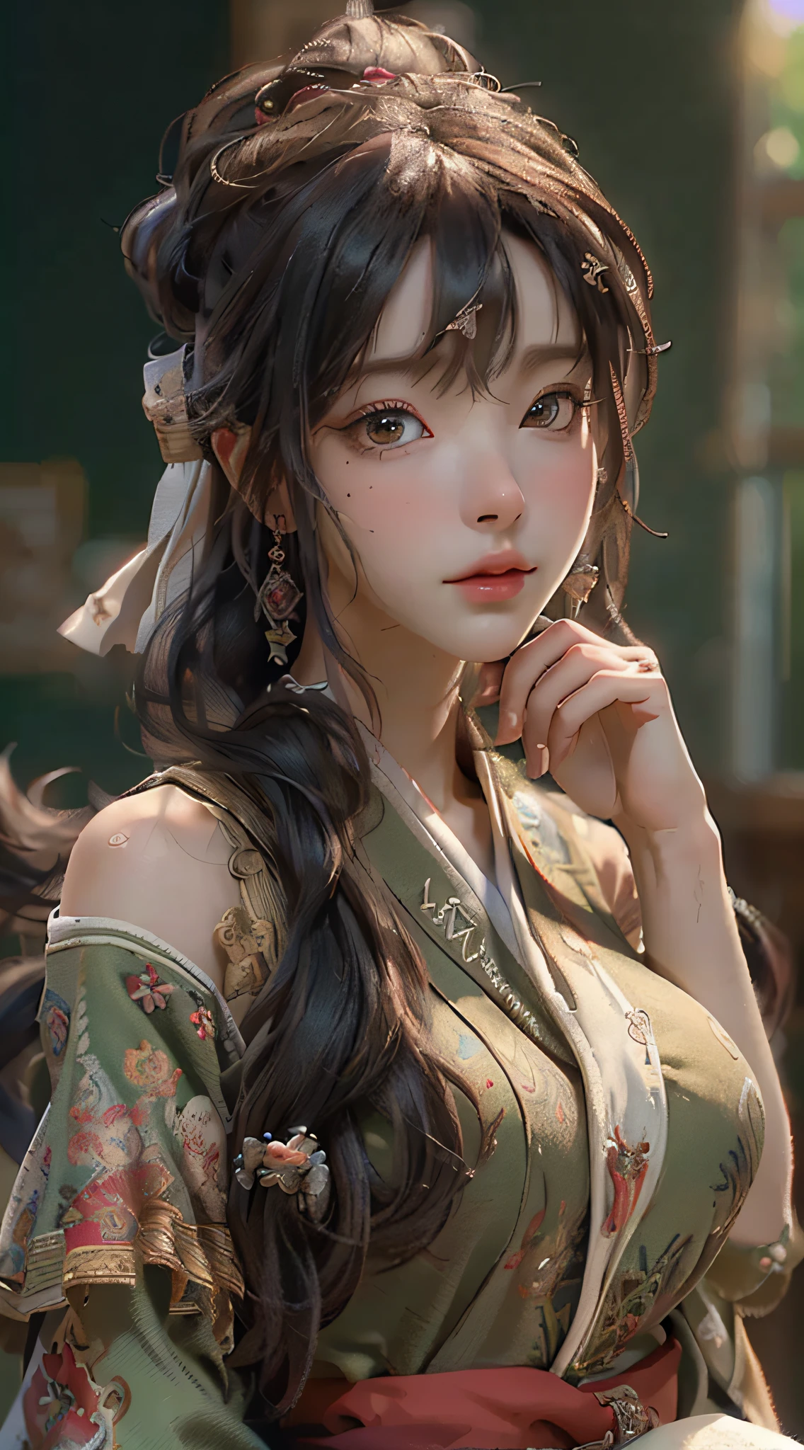 (RAW photo, best quality), (realistic, photo-realistic:1.3),best quality,highly detailed,masterpiece,ultra-detailed,illustration,1girl,upper_body,dynamic angle,world masterpiece theater,messy_long_hair,best quality,extremely detailed CG unity 8k wallpaper,ink,Amazing,cinematic lighting,lens_flare, dunhuang_style