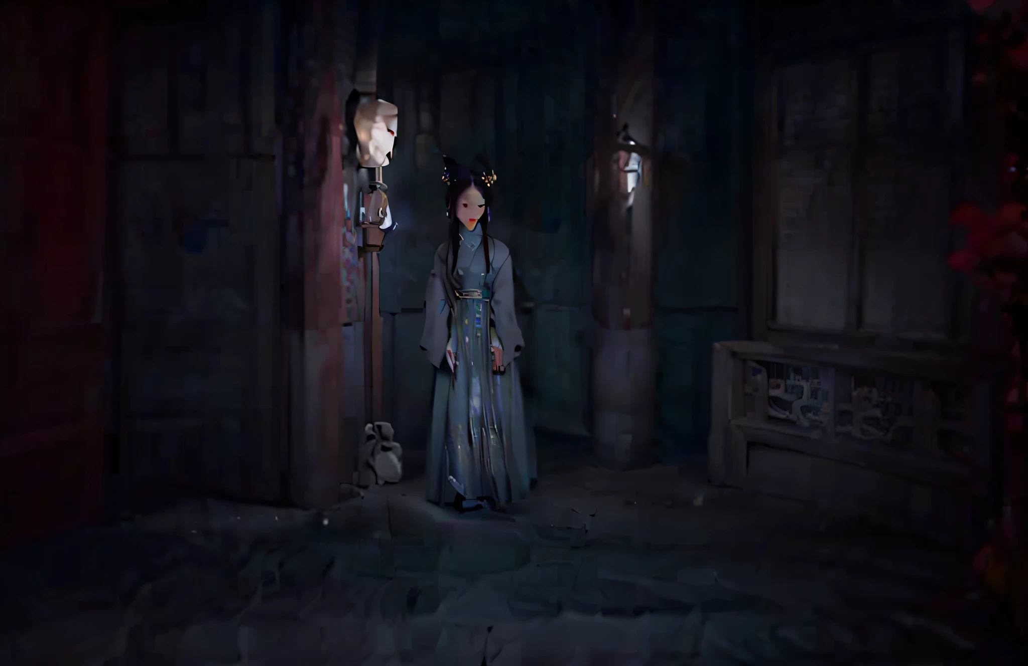a woman in a long dress standing next to a lamp post, eerie art style, cursed imagery, evil spirits roam with lanterns, pale young ghost girl, shadowy and eerie character, by Li Zai, horror game graphics, eerie person, inside her temple, inspired by Zhang Xuan, inspired by Ju Lian, inspired by Lü Ji, mysterious figure