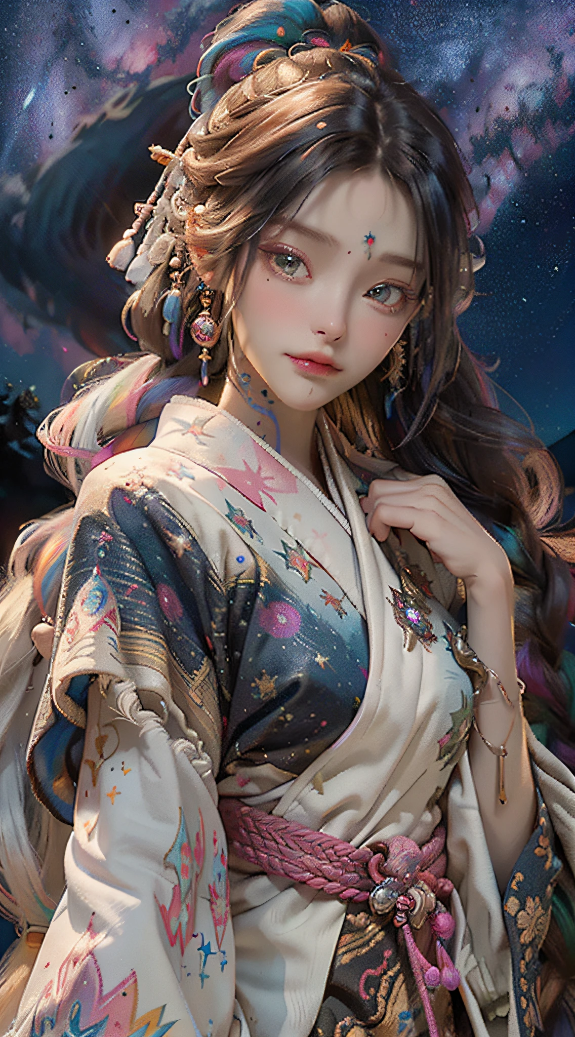 Best quality, masterpiece, illustration, colorful, night, starry sky, floating, 1girl, face focus, multicolored, detailed messy long white hair braid, squinted eyes, cute face, native american loincloth robe, face tattoo topcoat, arm ornaments, headbands, feather hair ornaments, necklaces, earrings, jewelry