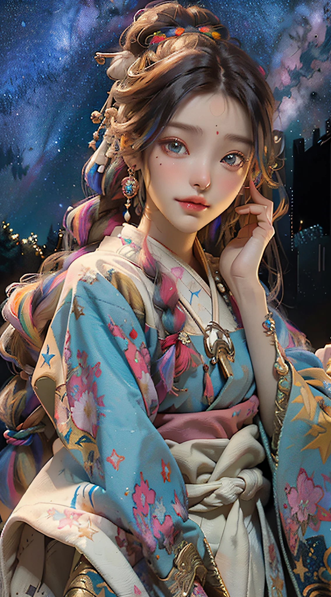 Best quality, masterpiece, illustration, colorful, night, starry sky, floating, 1girl, face focus, multicolored, detailed messy long white hair braid, squinted eyes, cute face, native american loincloth robe, face tattoo topcoat, arm ornaments, headbands, feather hair ornaments, necklaces, earrings, jewelry