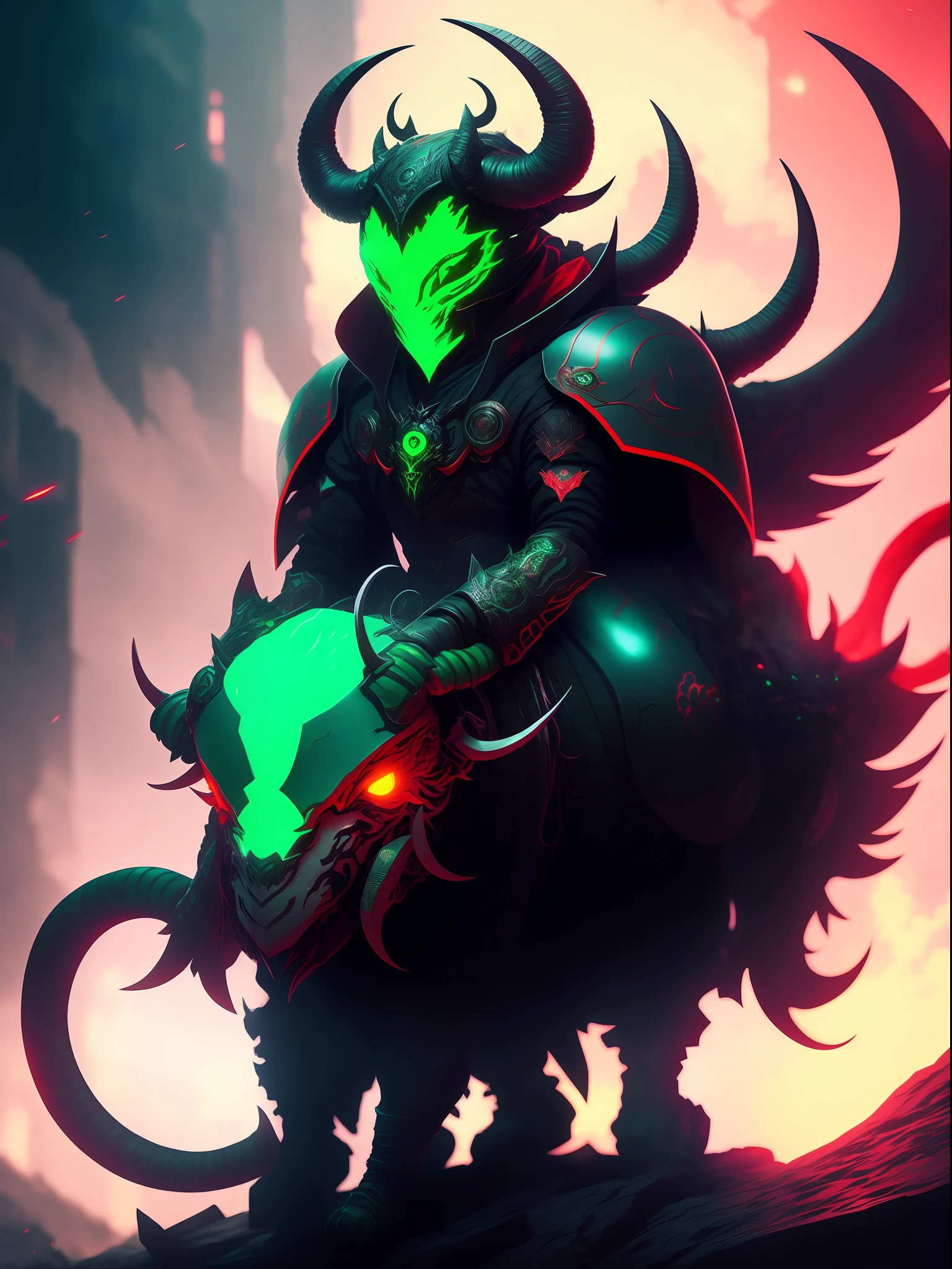 anime character riding on a ram with glowing green eyes, artwork in the style of guweiz, with red glowing eyes, horns and red eyes, demon slayer artstyle, with glowing red eyes, artgem and beeple masterpiece, in style the demon seated, demon slayer, guweiz, style hybrid mix of beeple, by Liam Wong