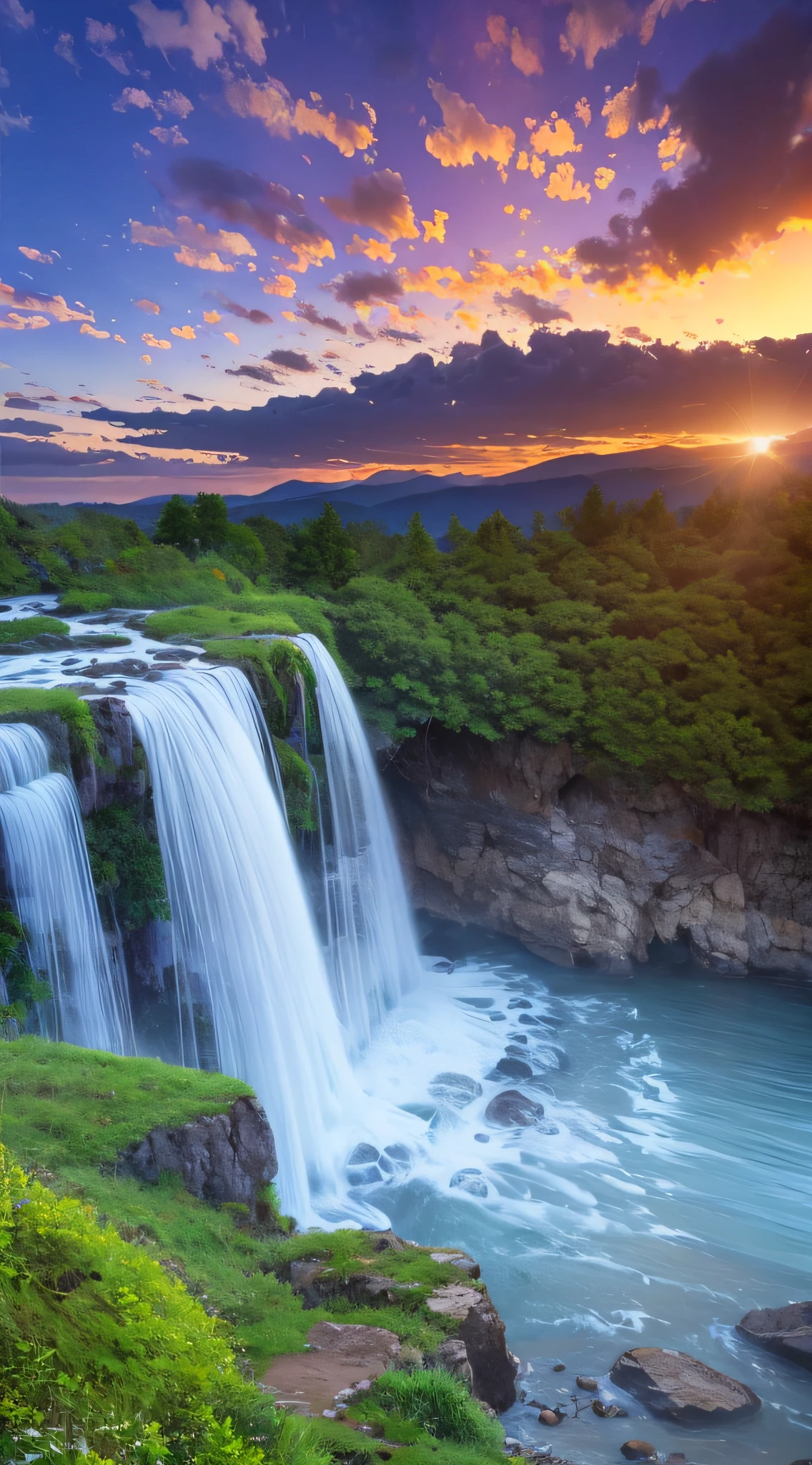 Landscape waterfall in mountains sunset image best quality, high quality, beautiful wallpaper deserted beach 8k extremely detailed, photography --auto --s2