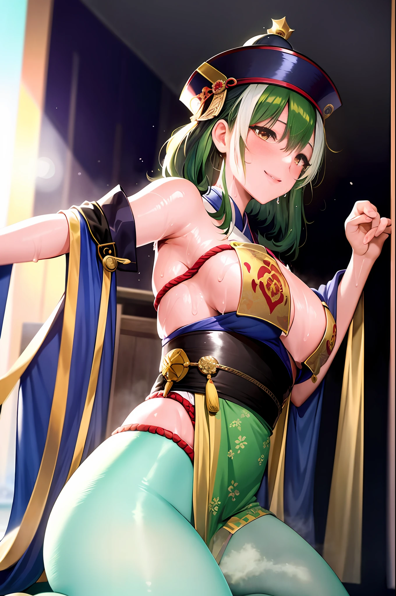 masterpiece,1 girl,Solo,Underhair,light_smile,,Full body, green hair, Japanese clothes, elegance, nobility, Japanese, Japanese background, Japanese atmosphere,、 (shiny skin, sweaty:1.4), dynamic lighting, high resolution, sharp focus, depth of field,