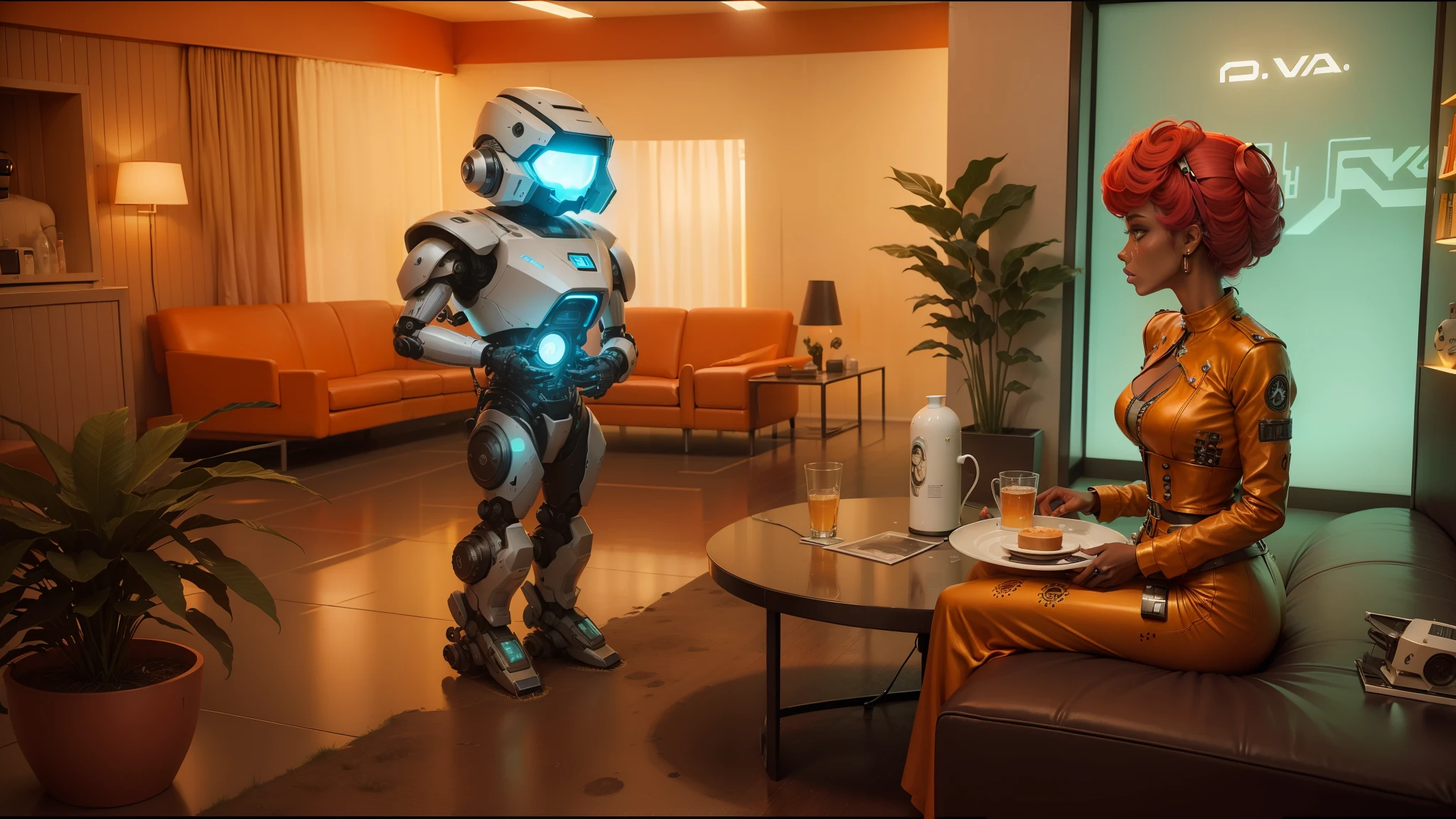 there is a woman sitting on a couch next to a robot, love death + robots, by Afewerk Tekle, retro tv, niea 7, anamorphic widescreen, by John E. Berninger, gogo : :, xerox punk, stålenhag, 1960s-era, usa-sep 20, hydropunk --auto --s2