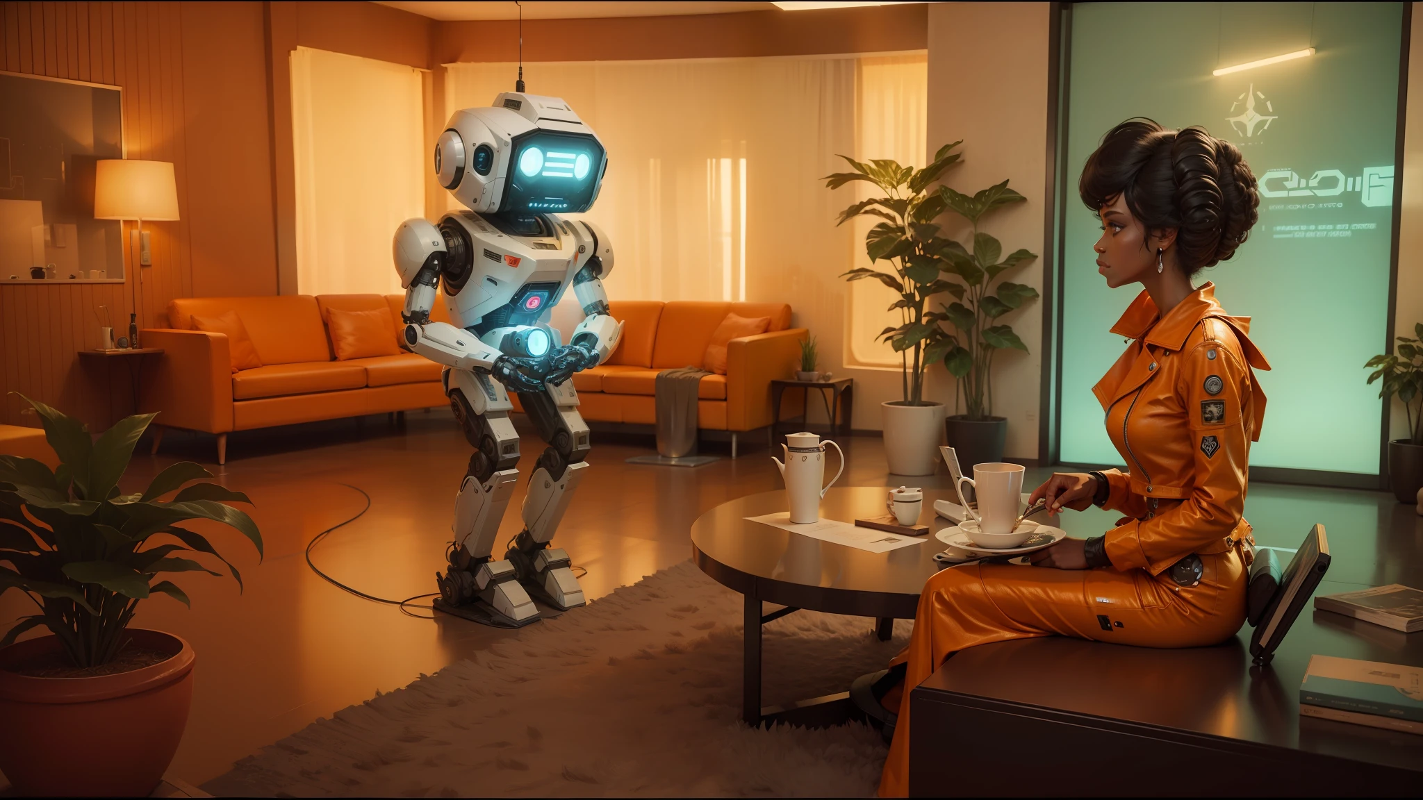 there is a woman sitting on a couch next to a robot, love death + robots, by Afewerk Tekle, retro tv, niea 7, anamorphic widescreen, by John E. Berninger, gogo : :, xerox punk, stålenhag, 1960s-era, usa-sep 20, hydropunk --auto --s2