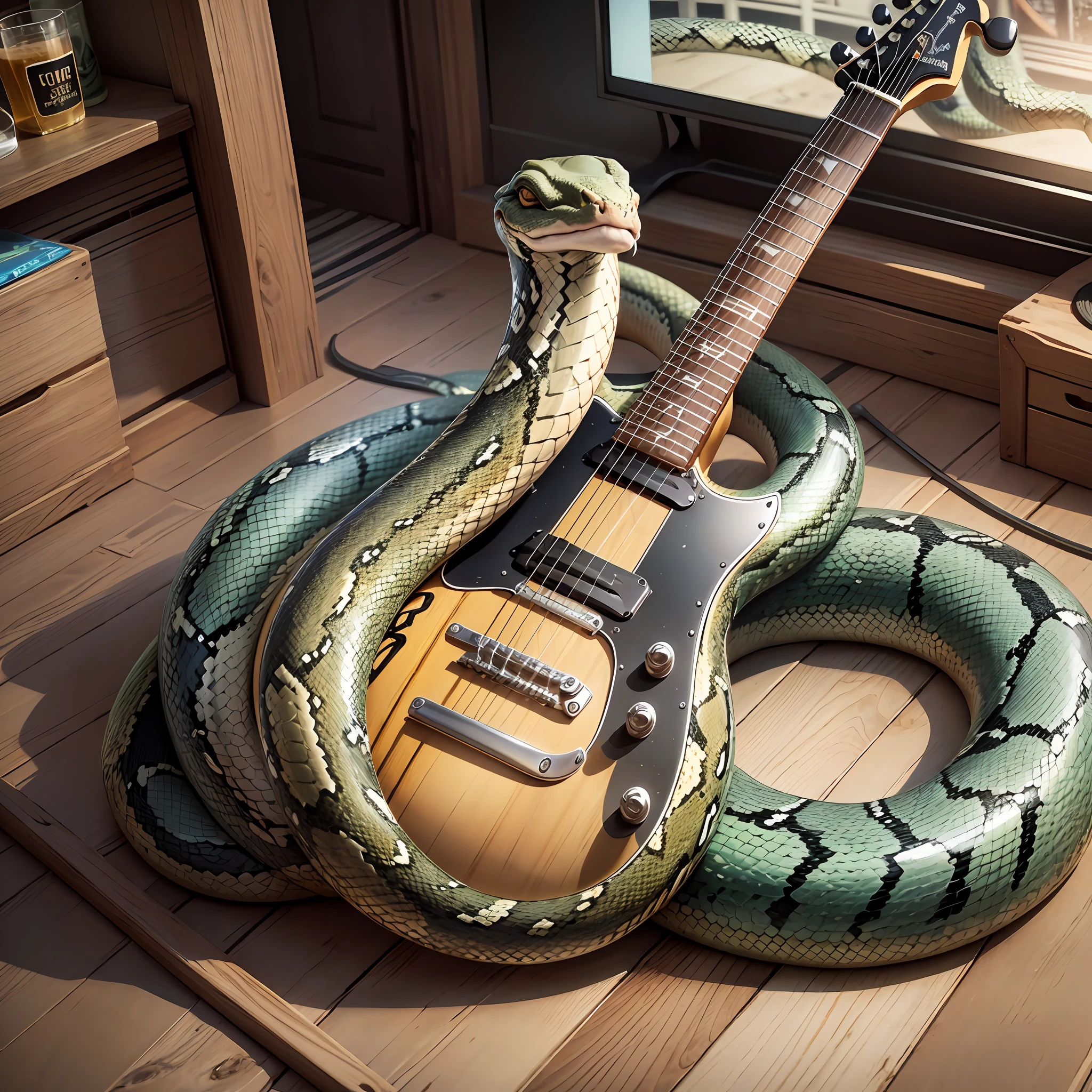 A red snake guitar, the guitar material is a perfect snake, realistic, 12k, Ultra HD, TV commercial --auto --s2