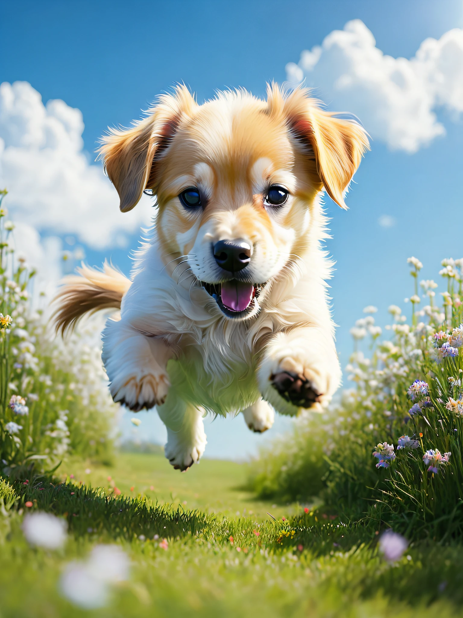 Close-up of a very cute jumping puppy on a grassy covered with flowers, soft volumetric light, blue sky and white clouds (backlight: 1.3), (movie: 1.2), intricate details, (ArtStation: 1.3), Rutkowski