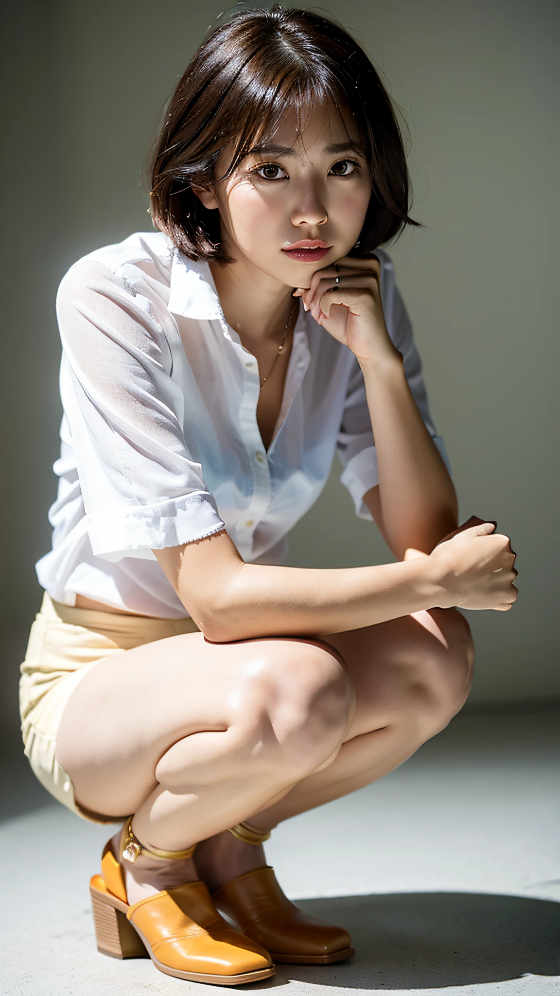 (Best quality, 8k, 32k, Masterpiece, UHD:1.2),Photo of Pretty Japanese woman, short hair,squatting,white open shirt, simple background,