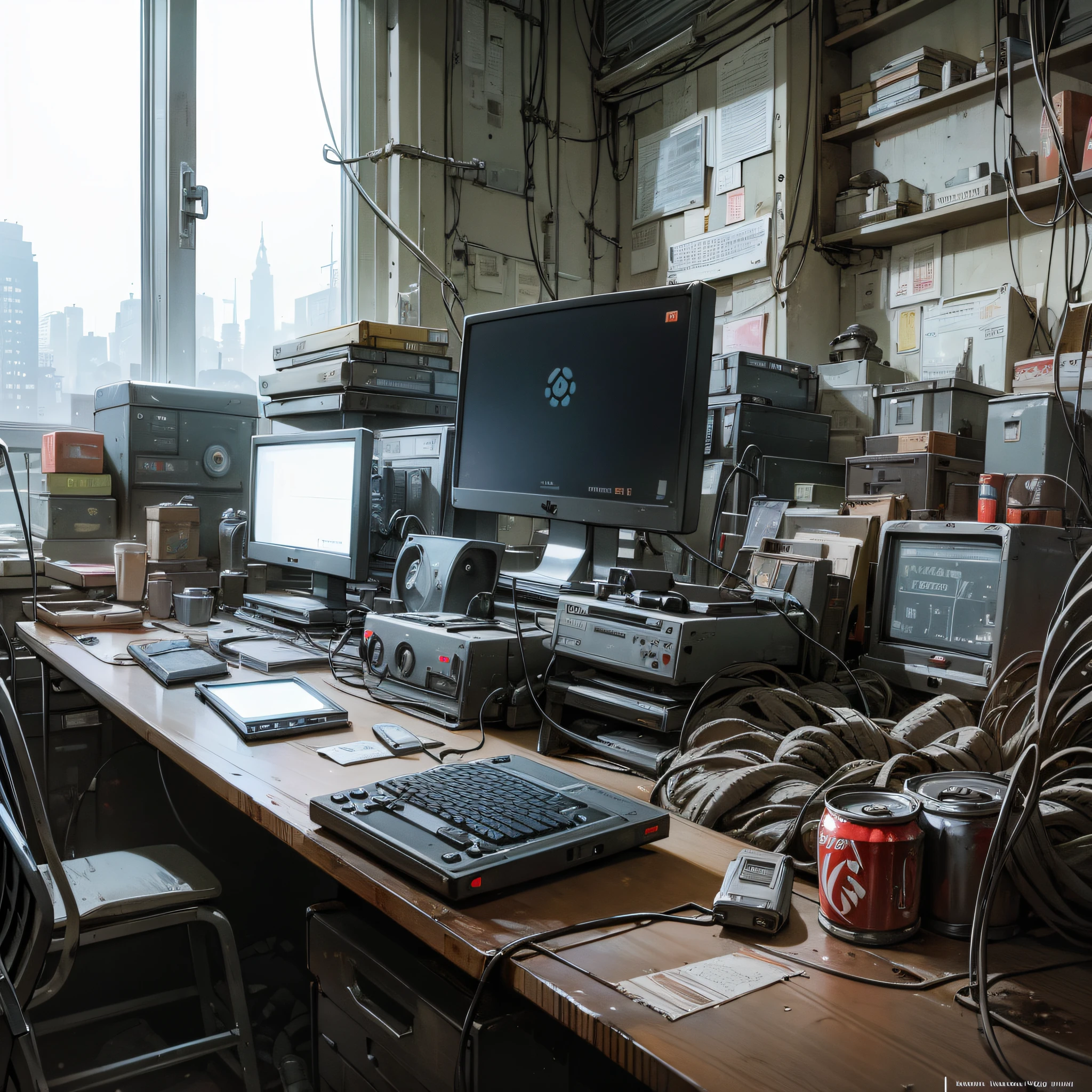 (((highest quality))), LCD monitors on a dirty steel desk, machines like oscilloscopes, cluttered piles of books, undulating wiring, light coming in through windows, cluttered rooms, headphones, knives, cans of cola,