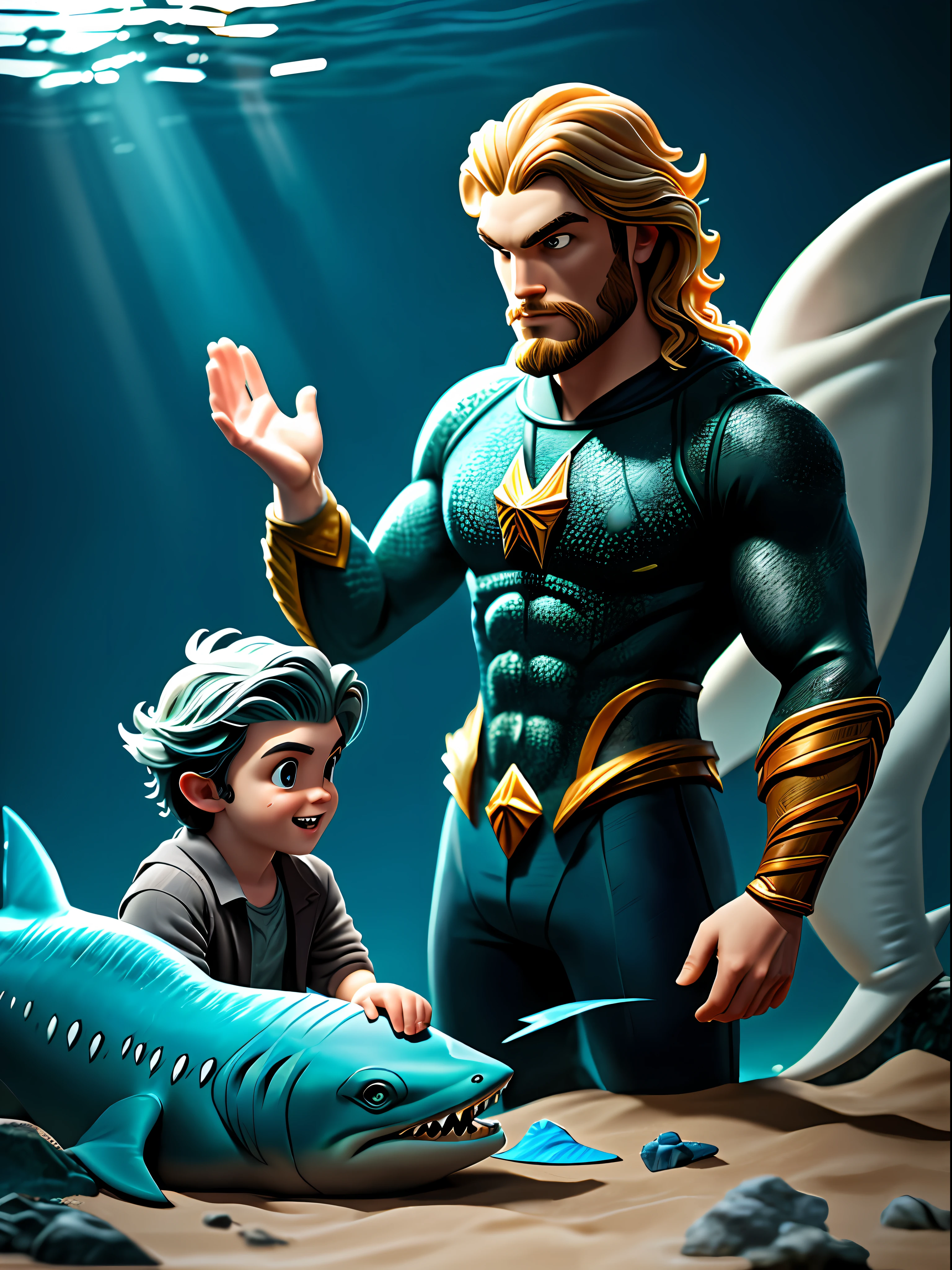 a photo of Aquaman and his Son playing with Shark, Masterpiece, Best Quality, super detailed, Octane Render, detailed fingers