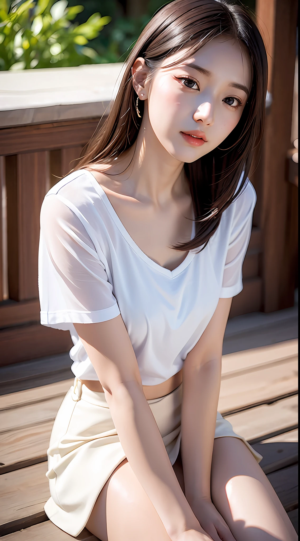 (yinchuan:1.5), close-up, masterpiece, best quality, raw photo, photorealistic, F cup, big, beautiful face, soft smile, 20 year old girl, cute, white t-shirt, mini tight skirt, beautiful long legs, standing figure, middle hair depth of field, high resolution, ultra detail, fine detail, very detailed, highly detailed eyes and face, sharp pupils, realistic pupils,
