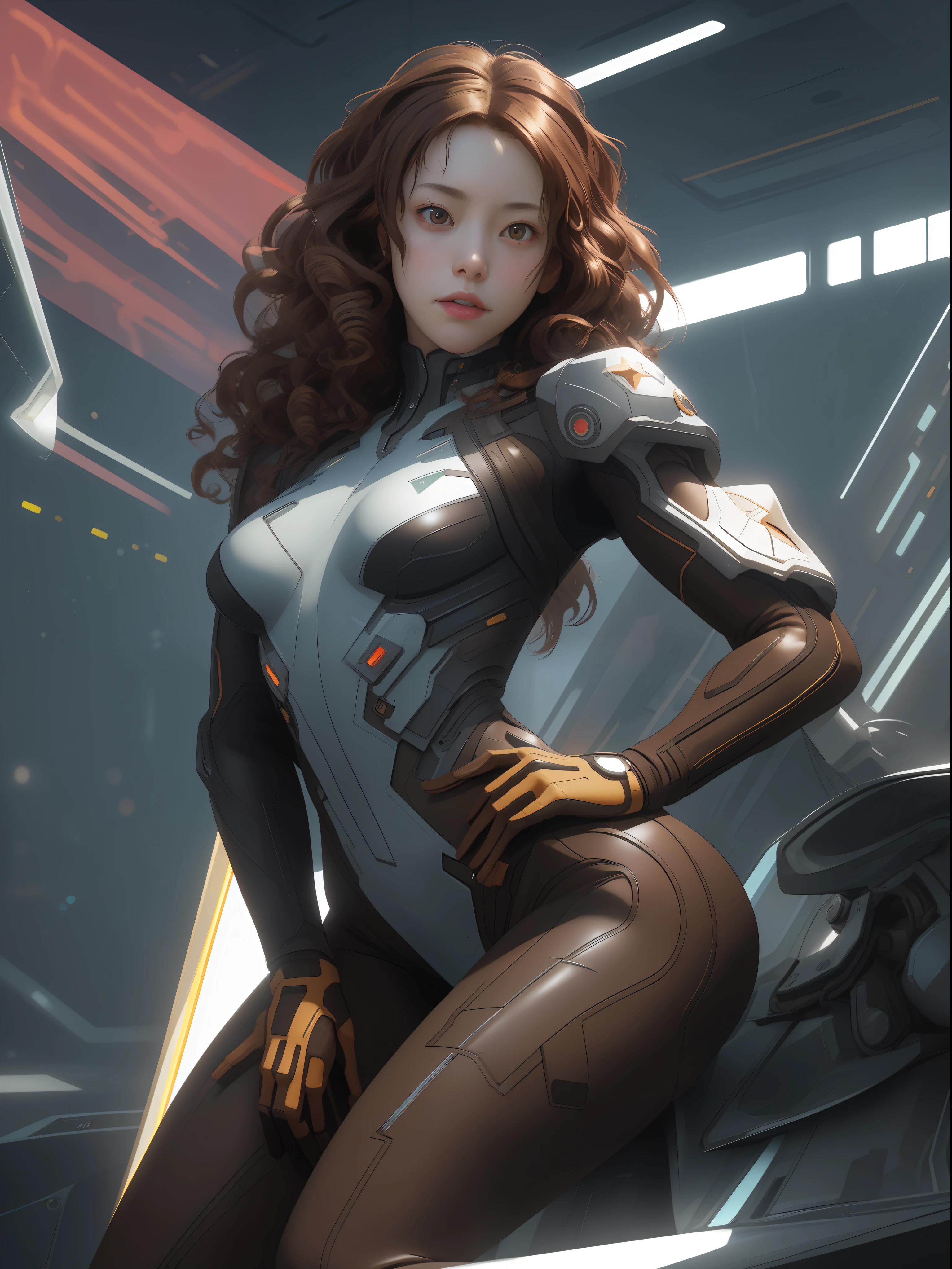 ((Best quality)), ((masterpiece)), (detailed: 1.4), (Absurd), Latina woman, defined body, half thick thighs, closed mouth, covered in technological clothing, Neon Genesis Evangelion style, cyberpunk, ((small breasts)), (brown eyes), ((clothing in the colors of the Brazilian flag)), (((brown curly hair)))), (include 5-pointed stars in the uniform), close to the real, psychopathic, crazy face, sexy pose, in the background a futuristic military installation,  super detailed shoulder pads, by mucha, niji --V5, centered, scale to fit dimensions, HDR (High Dynamic Range),Ray Tracing,NVIDIA RTX,Super-Resolution,Unreal 5,Subsurface dispersion, PBR texture, Post-processing, Anisotropic filtering, Depth of field, Maximum clarity and sharpness, Multilayer textures, Albedo and specular maps, Surface shading, Accurate simulation of light-material interaction, Perfect proportions, Octane Render,  Two-tone lighting, Wide aperture, Low ISO, White balance, Rule of thirds, 8K RAW, crysisnanosuit