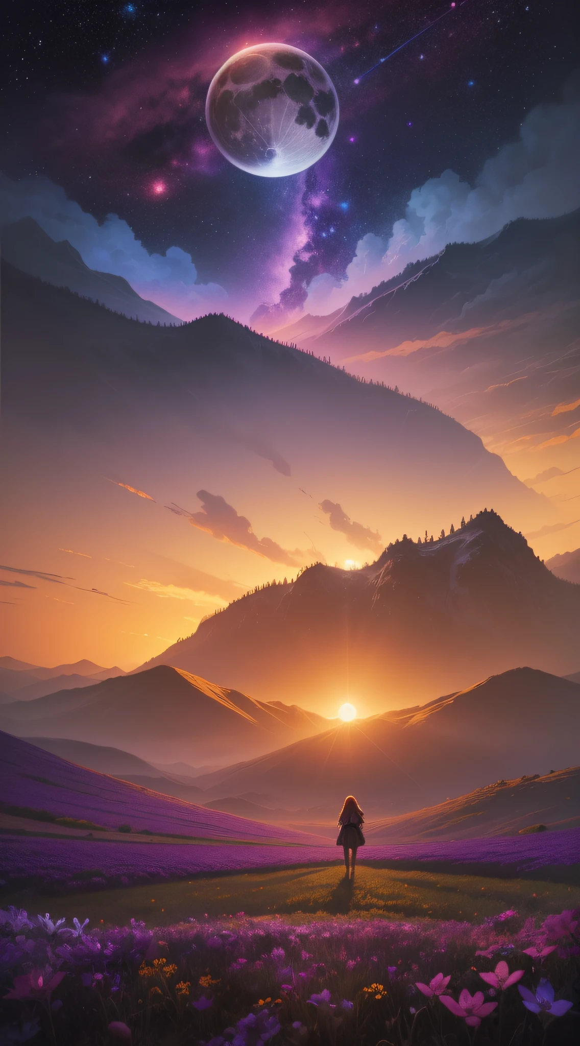 A wide landscape photo, (viewed from below, the sky is above, and the open field is below), a girl standing on a flower field looking up, (full moon: 1.2), (meteor: 0.9), (nebula: 1.3), distant mountains , Trees BREAK Crafting Art, (Warm Light: 1.2), (Firefly: 1.2), Lights, Lots of Purple and Orange, Intricate Details, Volumetric Lighting BREAK (Masterpiece: 1.2), (Best Quality), 4k, Ultra Detailed, (Dynamic Composition: 1.4), Rich in Detail and Color, (Rainbow Color: 1.2), (Glow, Atmospheric Lighting), Dreamy, Magical, (Solo: 1.2)