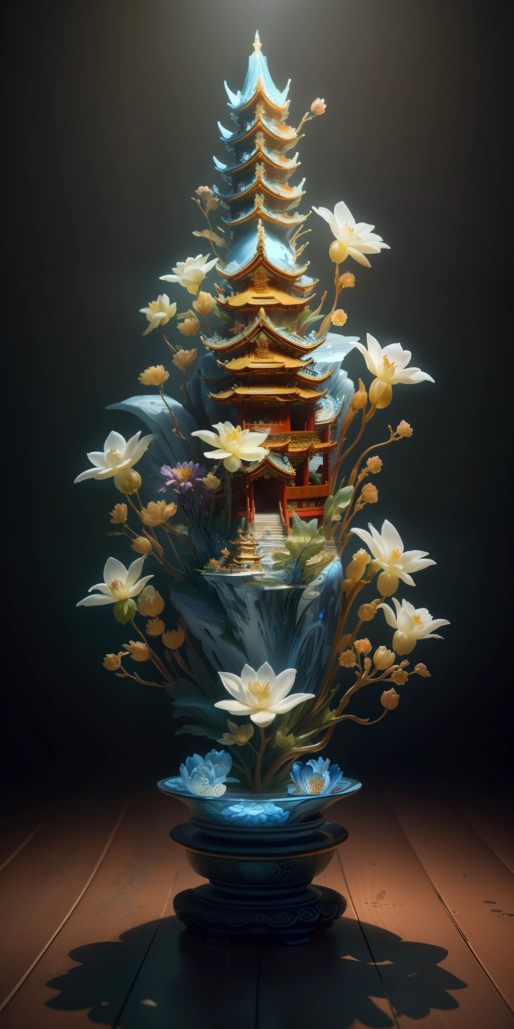 best quality, realistic, photorealistic, ultra detailed, "Mountain of Flower and Fruit+Fairy+Chinese Architecture" highly detailed carving on "southern ice" porcelain,Ultra wide angle,Accent Lighting,Volumetric Lighting,backlighting, (detailed light),((an extremely delicate and beautiful)),dramatic_shadow,ray_tracing,hdr