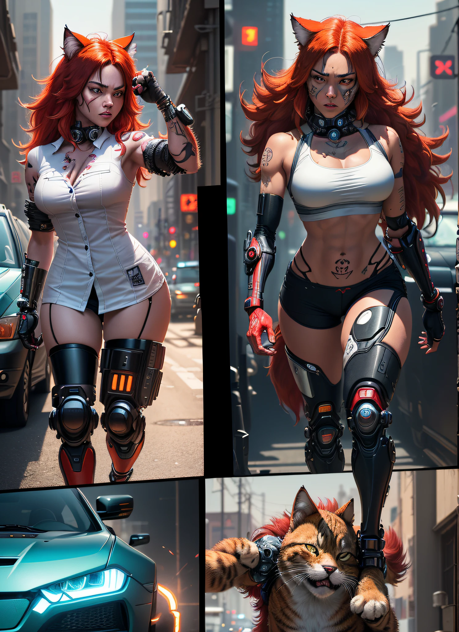 (colored comic)), ((colorful comic style)), sequential framing, ((impact frame)), (same photo), ((furry: 1.2)) ((anthropomorphic cat, cybernetic threads by the body, cyborg part, tattooing)), female, tattoo, (wearing a white open silk shirt: 1.5.), ((long hairy red coat)), auto heel, (second frame anthropomorphic wolf running ready to throw a punch: 1.2)), /(third frame, taking punch, ((fourth frame, Falling into a cyberpunk car)), from side, wide shot, from behind, vanishing point, vanishing point, dutch angle, close-up, cowboy shot, dutch angle