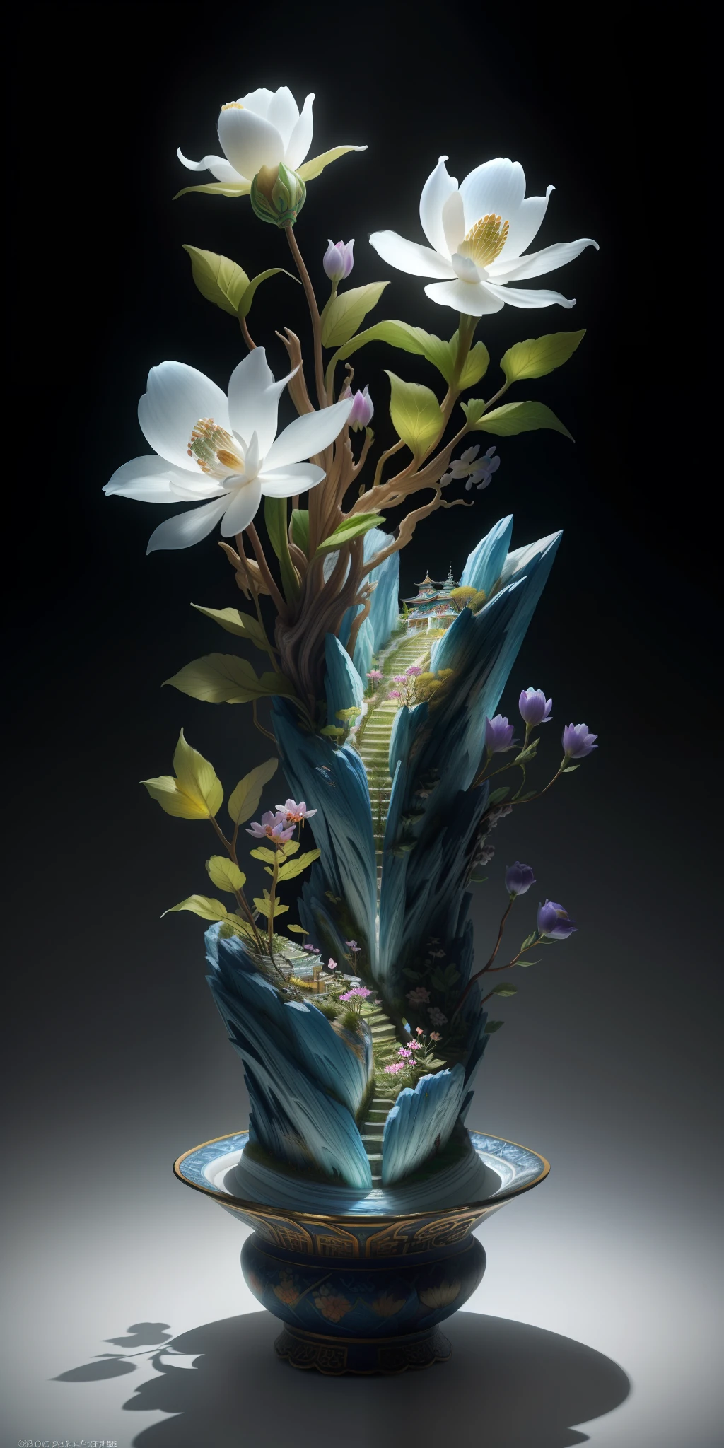 best quality, realistic, photorealistic, ultra detailed, "Mountain of Flower and Fruit+Fairy+Chinese Architecture" highly detailed carving on "southern ice" porcelain,Ultra wide angle,Accent Lighting,Volumetric Lighting,backlighting, (detailed light),((an extremely delicate and beautiful)),dramatic_shadow,ray_tracing,hdr