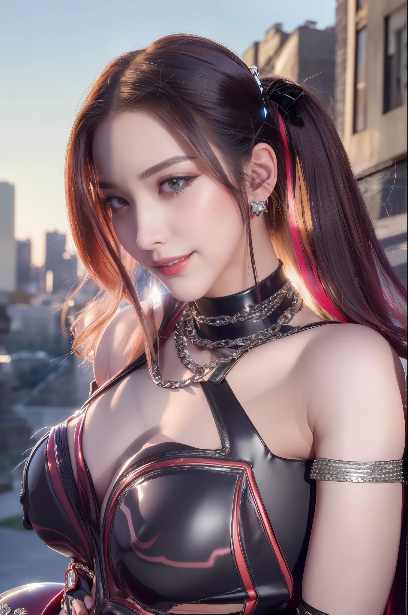 (high resolution,masterpiece,best quality,extremely detailed, official:1.4), (realistic:1.2, hyper-realistic:1.1, photo-realistic:1.37), (sharp focus:1.4), depth of field, physically-based rendering,
sadistic, (fusion of shiny satin and latex leotard:1.2),(zonnette,black_choker,bracelet,bangle,headpiece,index_finger_raised,jewelry,leotard,lipstick,ring,tokusatsu,dark heroine, villainess,red boots, chain belt, dark princess:1.4),
(evil smile, villainess, dark persona:1.2),
huge breast, cleavage cutout, forged and muscular abs, thick thighs covered with thin fat and forged muscles,
outdoor, in city, open battle field, concrete wall,
look down, from below,overlooking panorama scenic magnificent view,