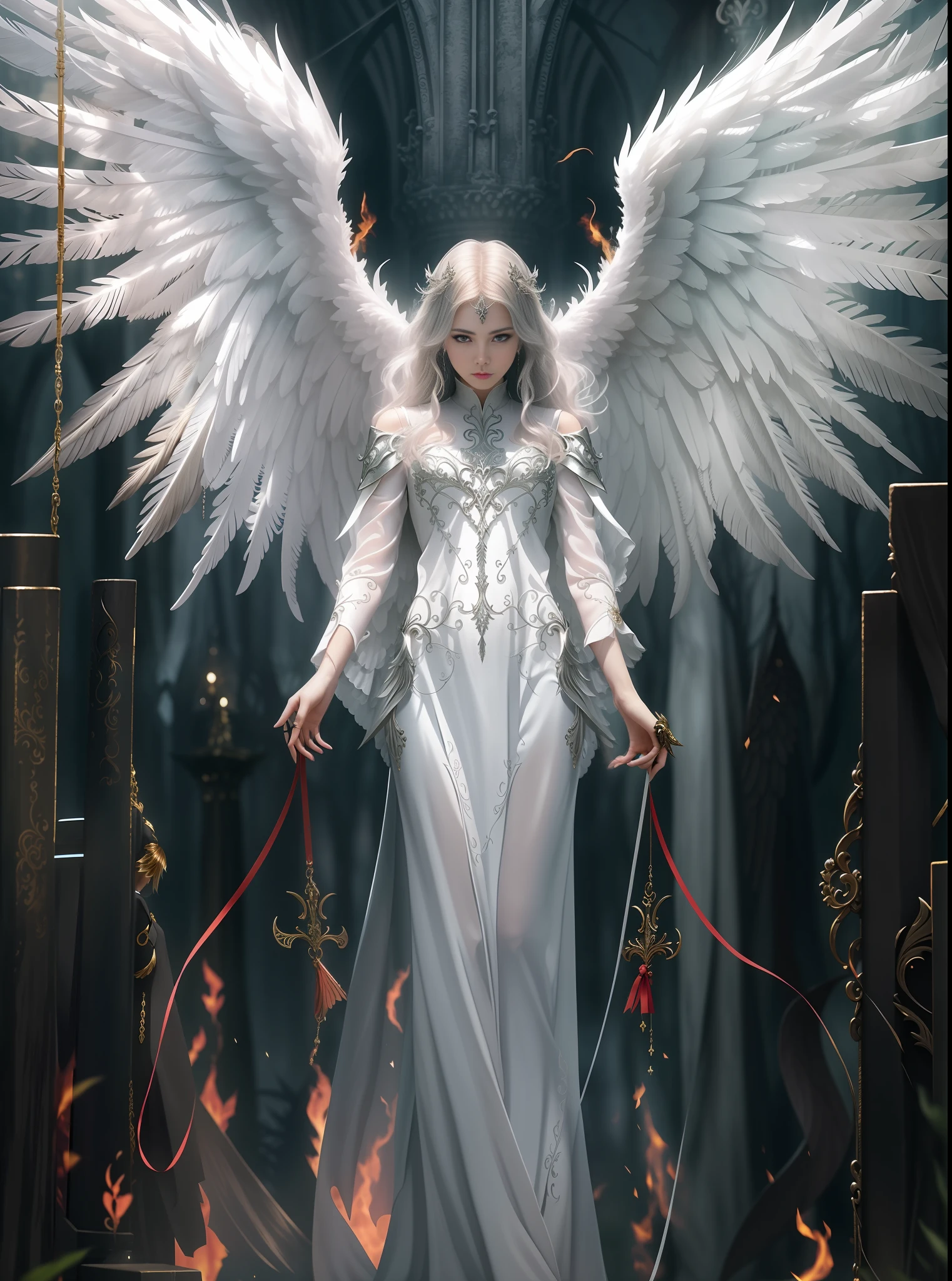 angel with wings and a leash standing in front of a gate, angel knight gothic girl, full - body majestic angel, angel knight girl, by Yang J, tall female angel, breathtaking fantasy art, beautiful female angel, of beautiful angel, beautiful angel, beautiful fantasy art, gothic fantasy art, elegant cinematic fantasy art, angelical, epic angel wings
