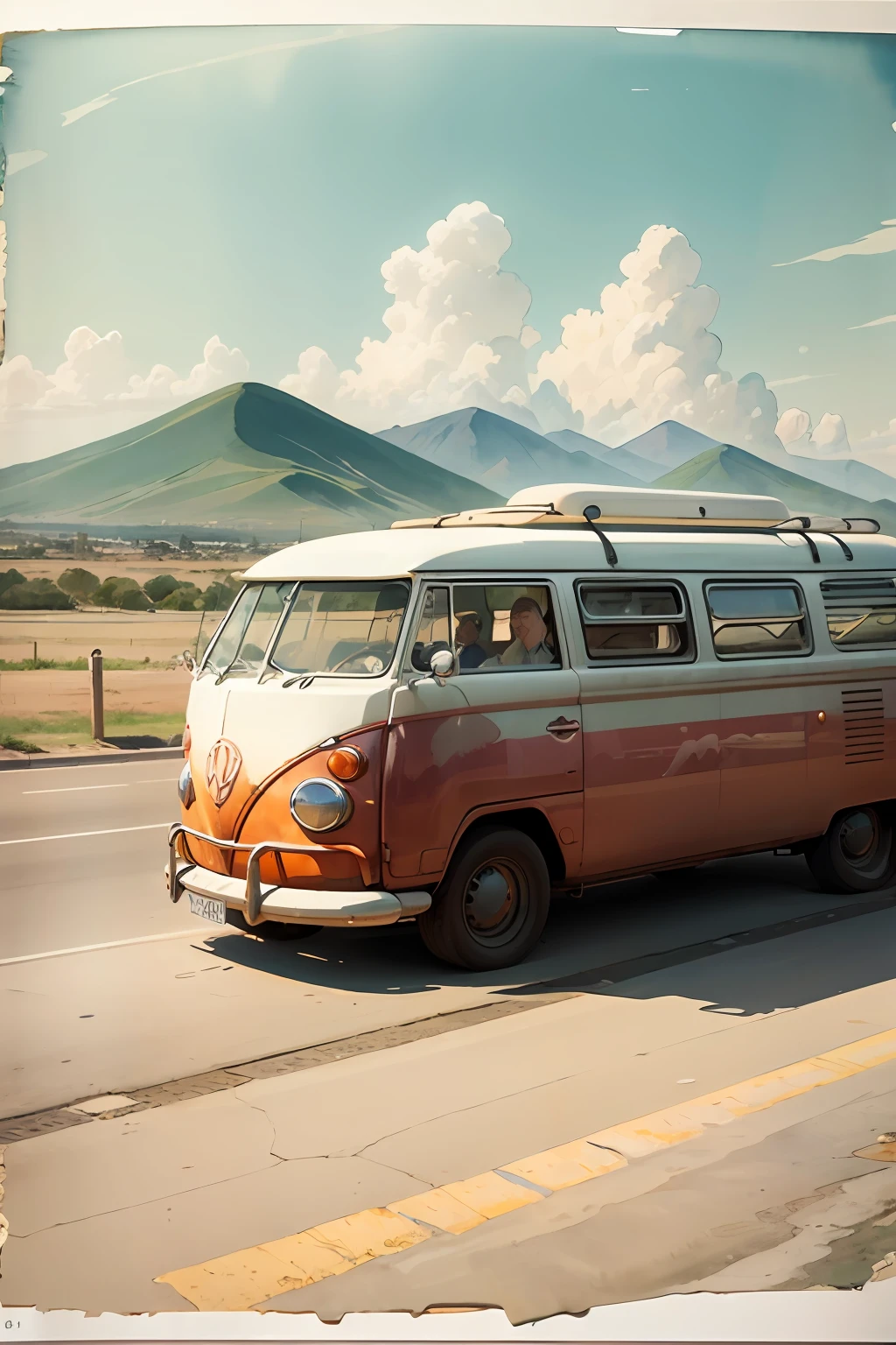prompt:watercolor painting a vw bus, oil, Modernism, Perspective of the rule of thirds, Documentary scene and feet candido portinari --auto --s2