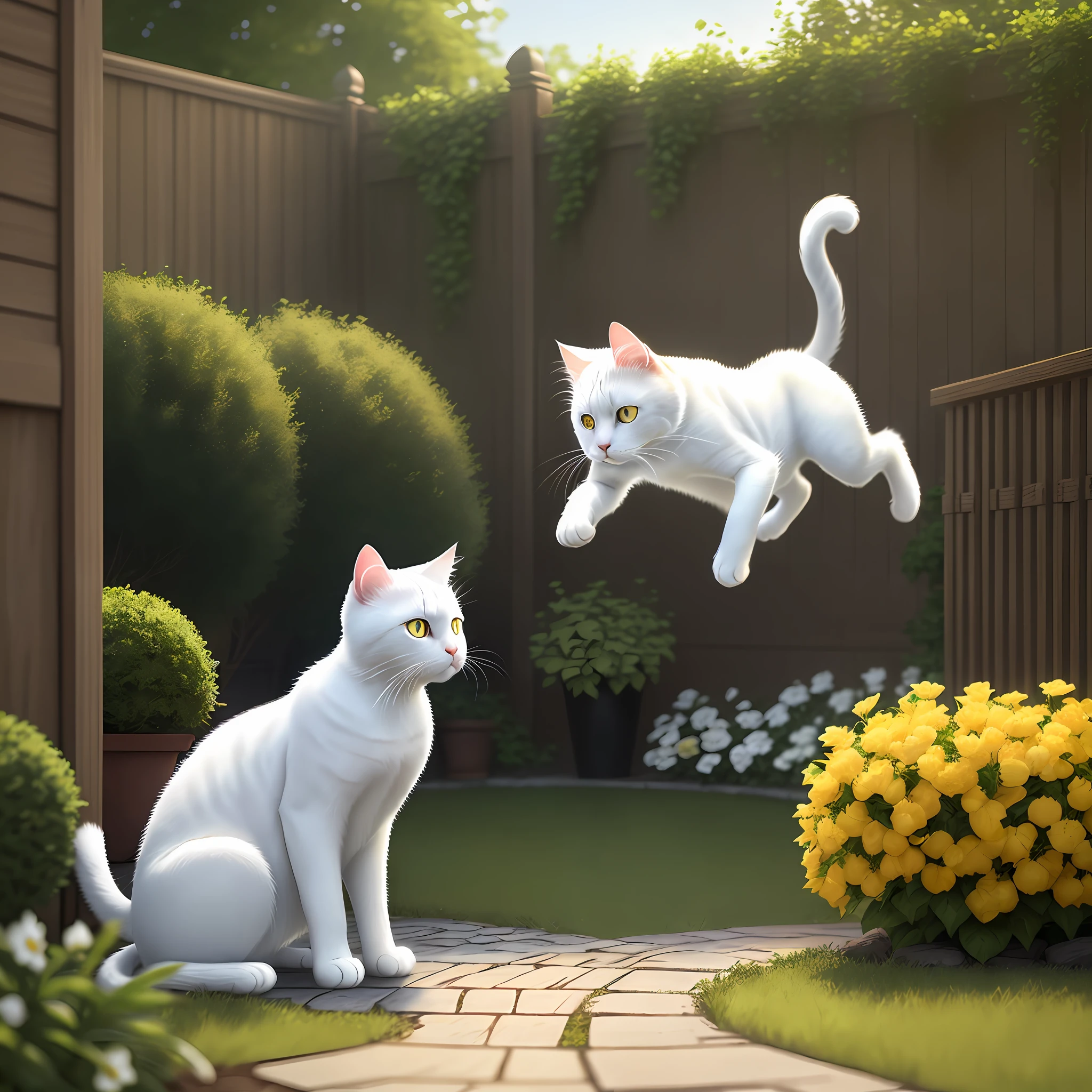 WHITE CAT, YELLOW EYES, CAT BURST, REALISTIC, 8K, GARDEN