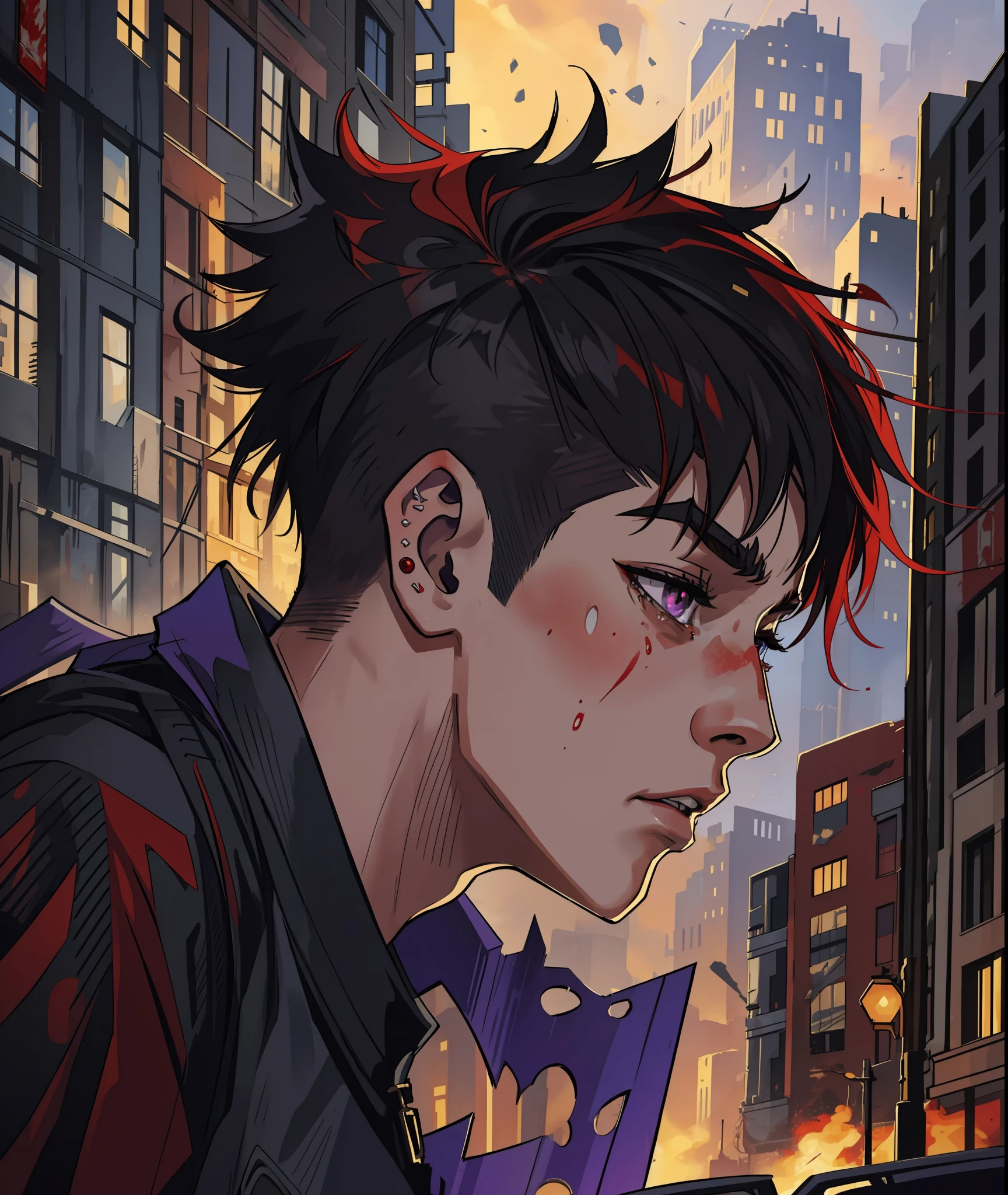 (masterpiece, best quality), intricate details, 8k, artstation, wallpaper, official art, splash art, sharp focus,
1boy, short hair half shaved on the sides, black hair with red locks, purple eyes,
Crying, blood on face and body, eyebrow and mouth piercing, apocalypse in the background
skyscrapers, city, buildings, cars, street destroyed