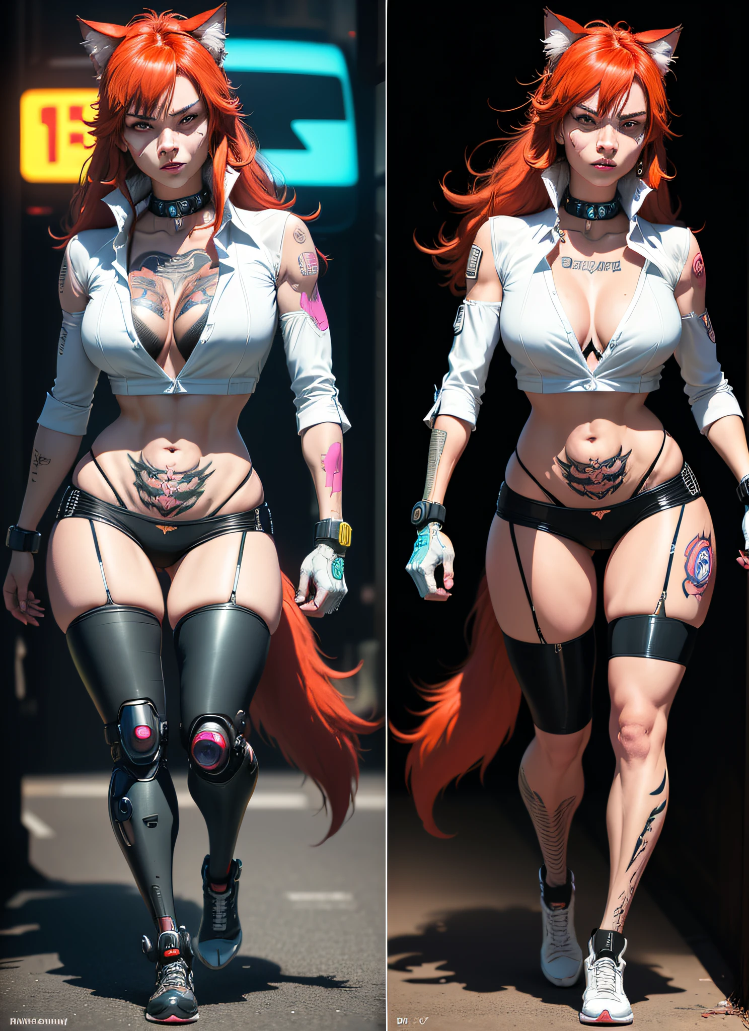 (colored comic)), ((colorful comic style)), sequential framing, ((impact frame)), (same photo), ((furry: 1.2)) ((anthropomorphic cat, cybernetic threads by the body, cyborg part, tattoo)), female, tattoo, (wearing a white open silk shirt: 1.5.), long hairy red coat, auto heel, (second frame anthropomorphic wolf running ready to throw a punch: 1.2)), (third frame, taking punch, (( fourth frame,  falling into a cyberpunk car))