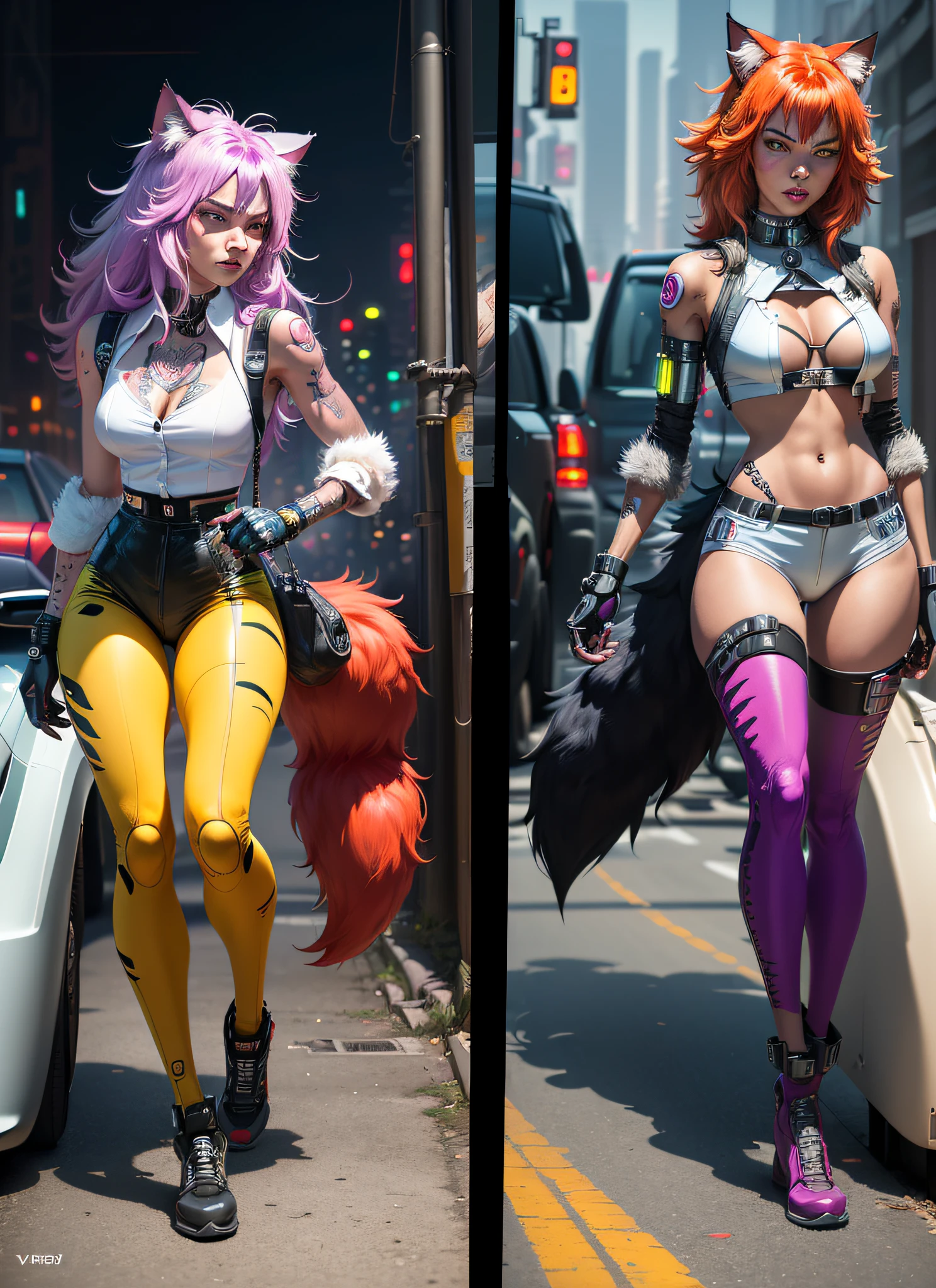 (colored comic)), ((colorful comic style)), sequential framing, ((impact frame)), (same photo), ((furry: 1.2)) ((anthropomorphic cat, cybernetic threads by the body, cyborg part, tattoo)), female, tattoo, (wearing a white open silk shirt: 1.5.), long hairy red coat, auto heel, (second frame anthropomorphic wolf running ready to throw a punch: 1.2)), (third frame, taking punch, (( fourth frame, falling into a cyberpunk car))