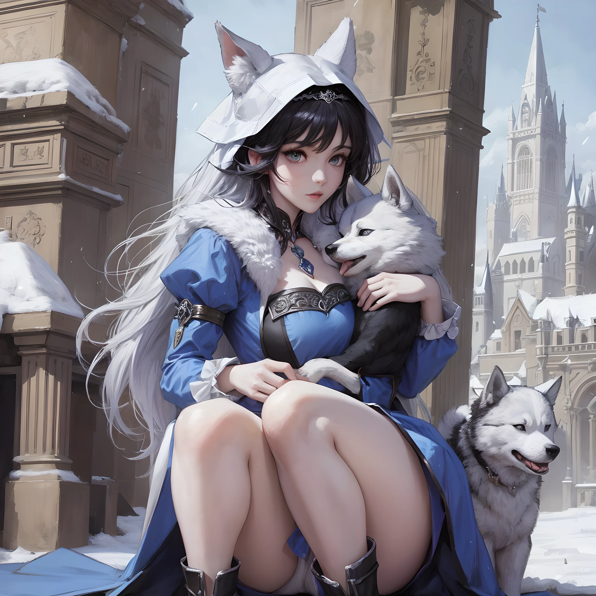 Snow White holding a husky , anime, castle, blue dress --auto --s2
