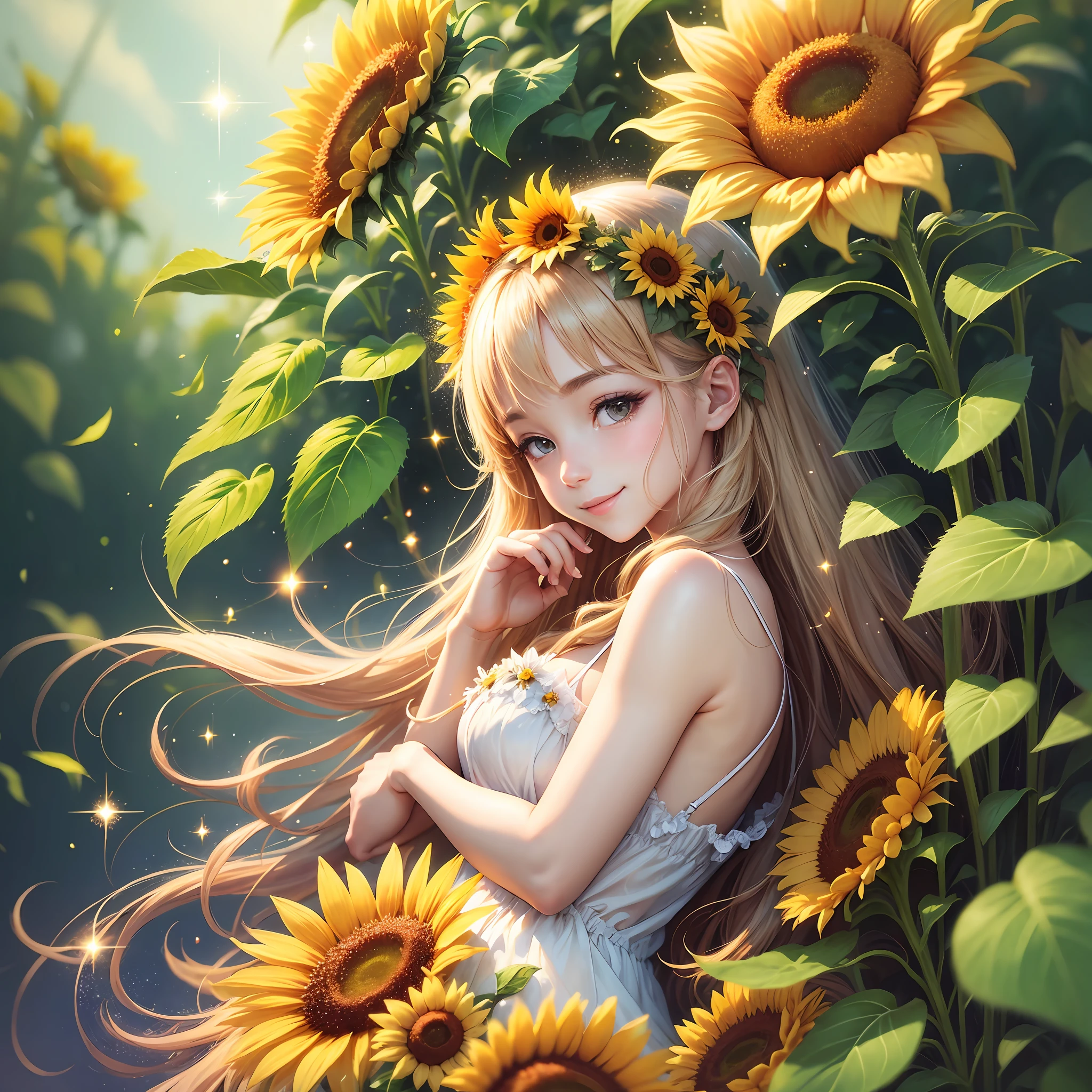summer, sunflower, cheerful, mysterious, fantastic, gentle smile, glitter, beauty, soft touch, high image quality, fairy feathers on back, halo --auto --s2