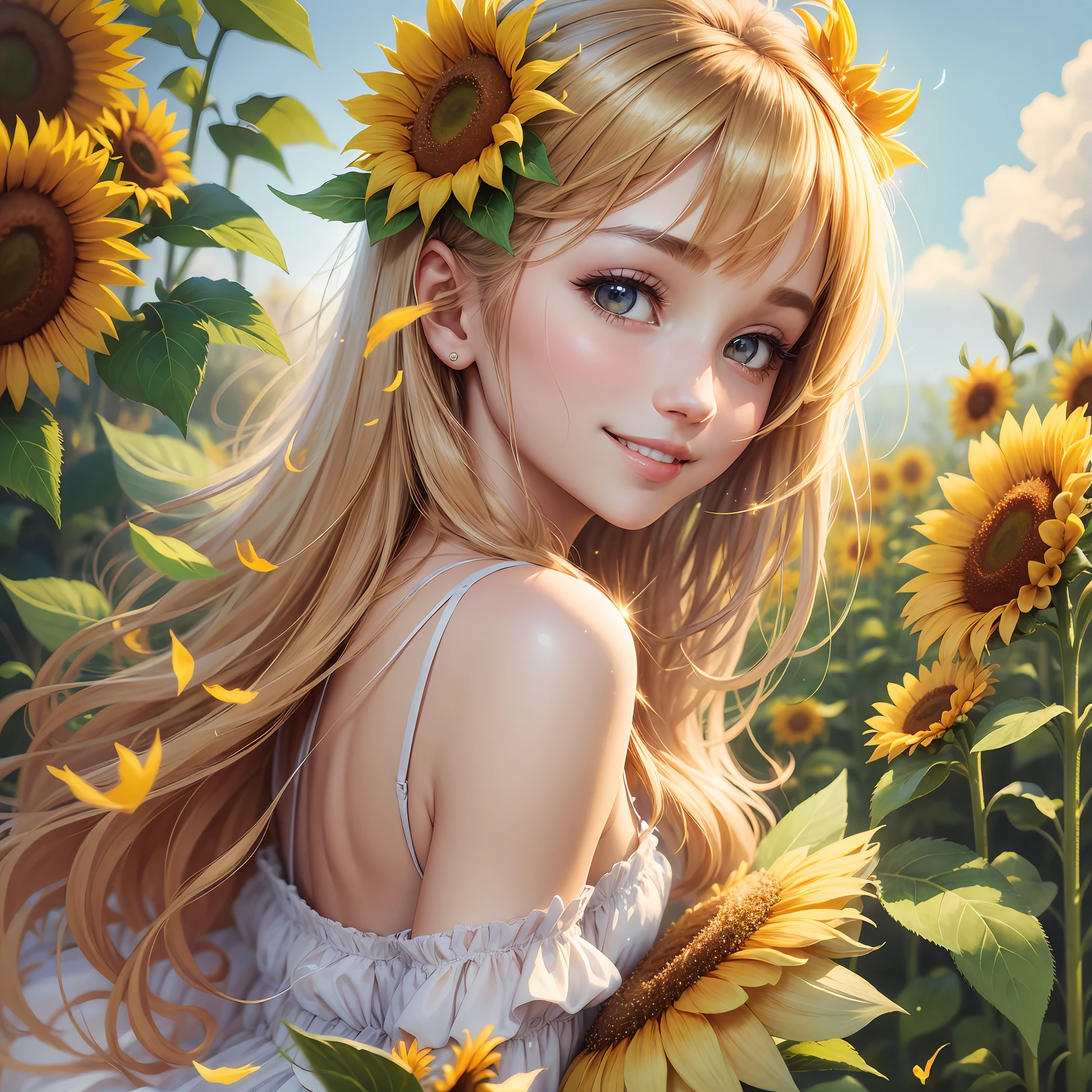 summer, sunflower, cheerful, mysterious, fantastic, gentle smile, glitter, beauty, soft touch, high image quality, fairy feathers on back, halo --auto --s2