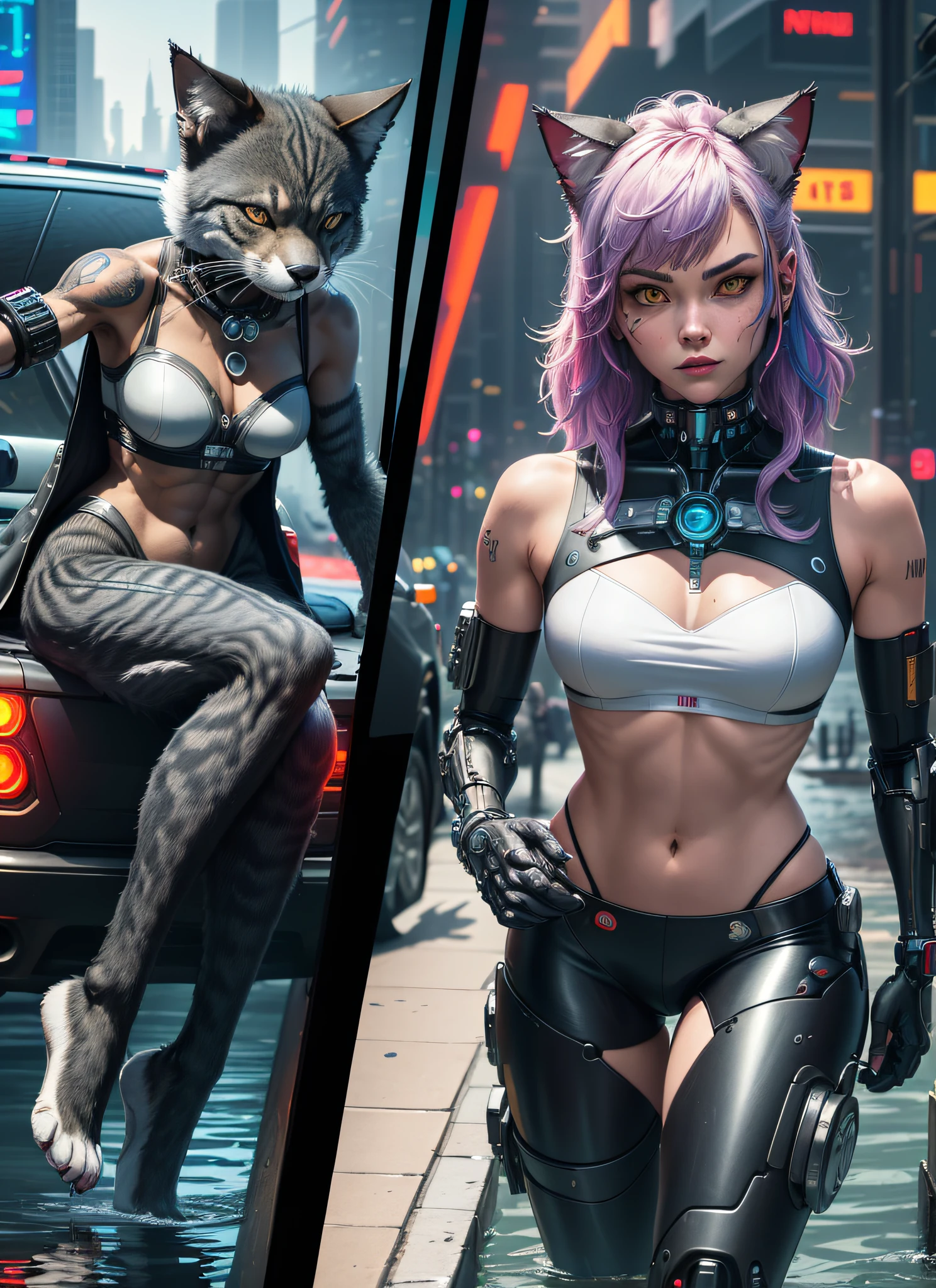 (colored comic)), ((colorful comic style)), sequential framing, ((impact frame)), (same photo), ((furry: 1.2)) ((anthropomorphic cat, cybernetic threads by the body, cyborg part)), female, tattoo, (wearing a white open silk shirt: 1.5.), long coat, auto heel, (second frame anthropomorphic wolf in a self weighing jump in the water reletindo city: 1.2)), (third frame, taking punch, (( falling into a cyberpunk car))