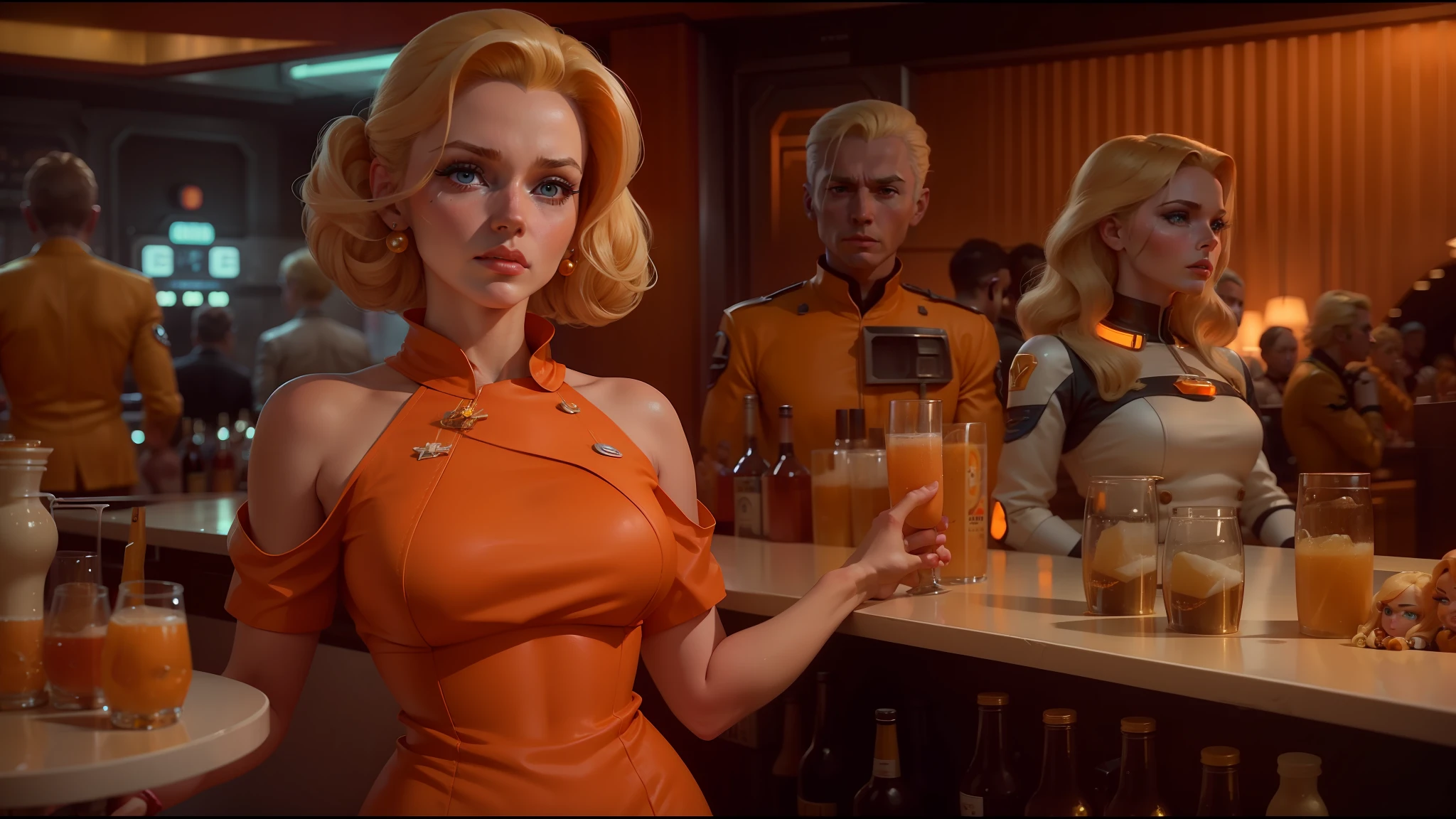 blond haired woman in orange dress standing in front of a bar, retrofuturism sci - fi old movie, shot on arri alexa, doll faces on a dress, by James Baynes, thunderbirds, champagne, epic scene full of computers, 60s, petrol aesthetic, service robots, from wow --auto --s2