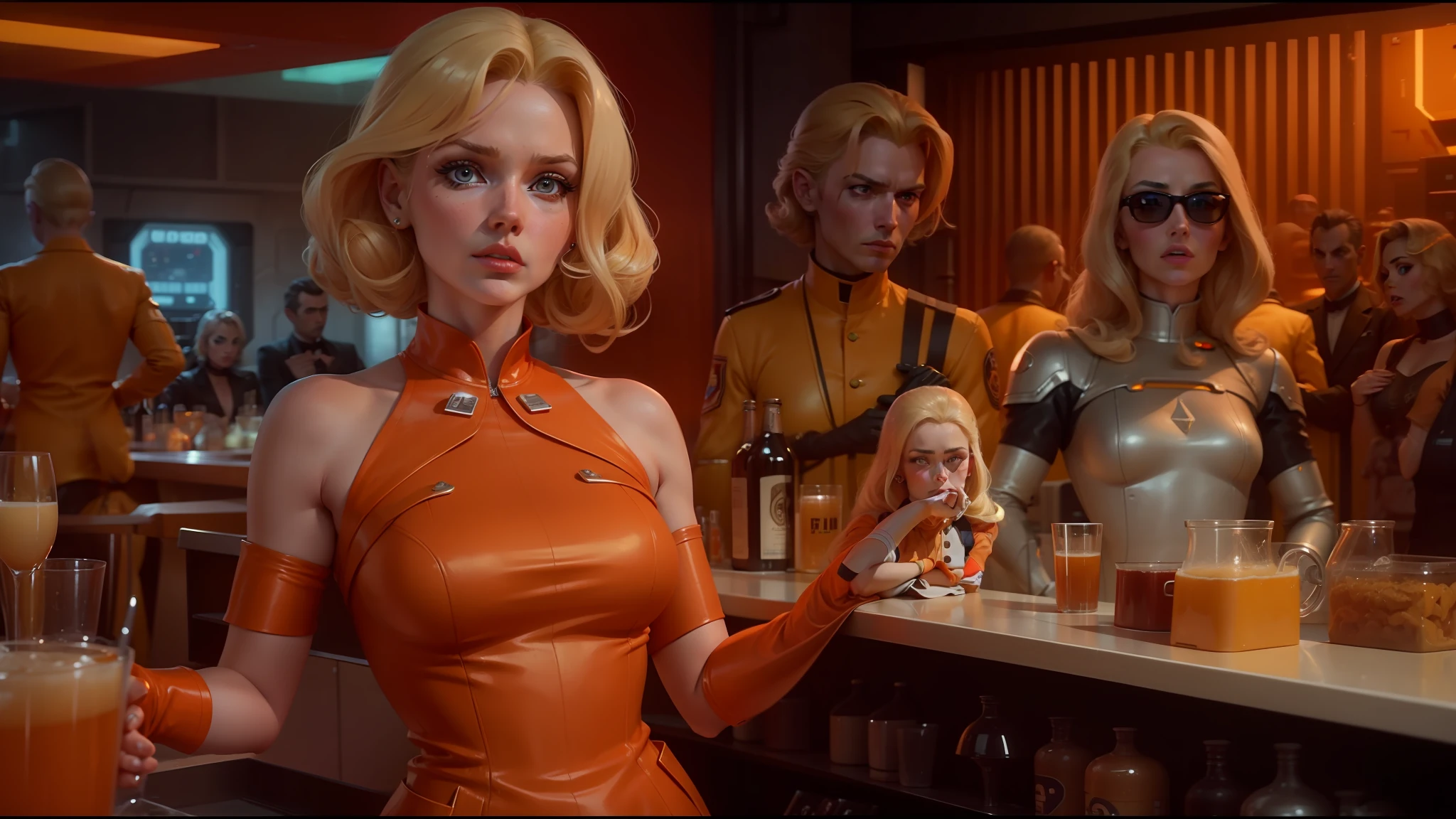 blond haired woman in orange dress standing in front of a bar, retrofuturism sci - fi old movie, shot on arri alexa, doll faces on a dress, by James Baynes, thunderbirds, champagne, epic scene full of computers, 60s, petrol aesthetic, service robots, from wow --auto --s2