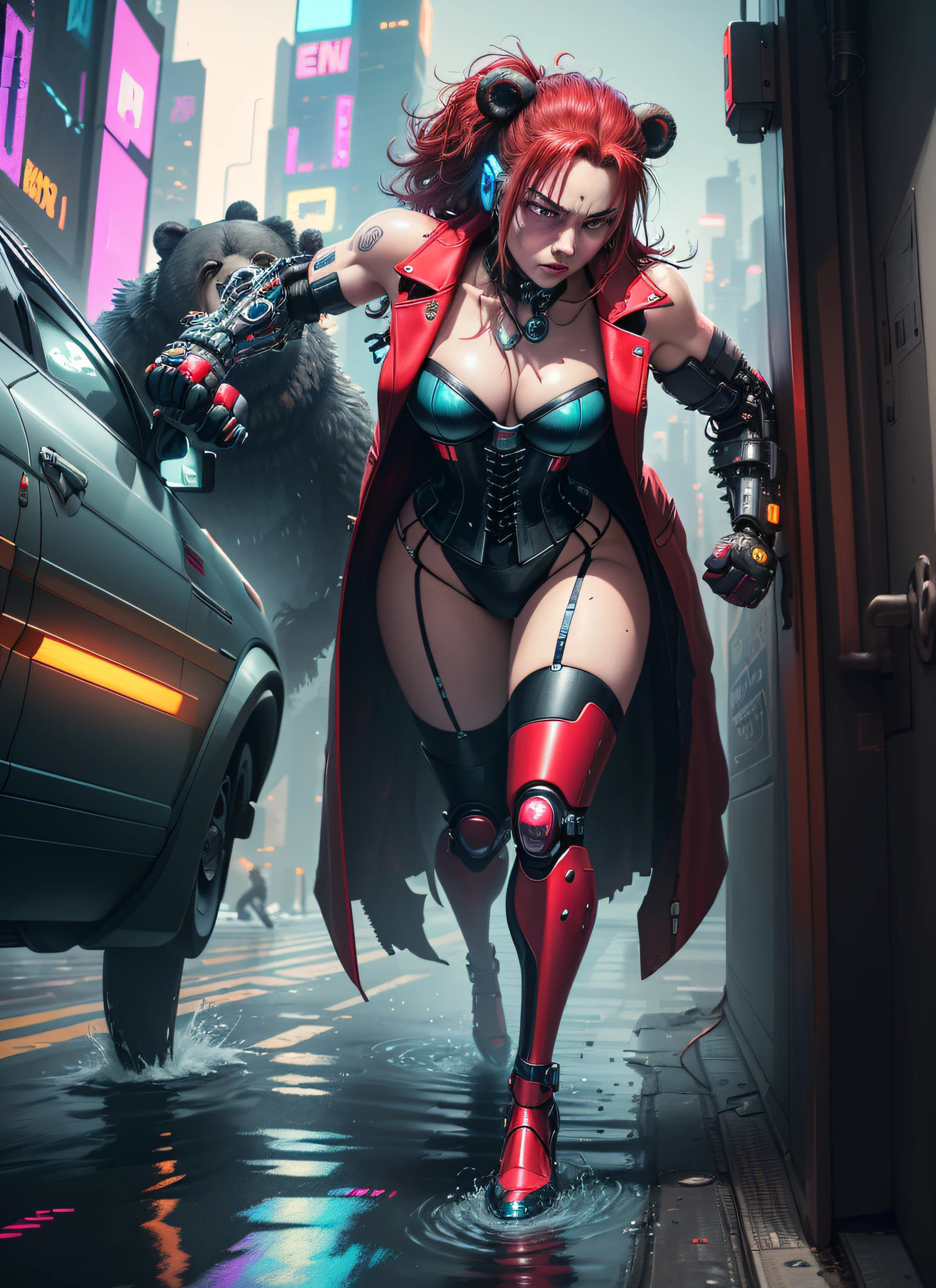 (colored comic)), ((colorful comic style)), sequential framing, ((impact frame)), (same photo), ((furry: 1.2)) ((anthropomorphic bear, cybernetic threads by the body, cyborg part)), female, seductive look,, ((red corset, long coat, auto heel, in a self heel weighing in the water reletindo city: 1.2)), (second frame, muoher leading,(( punching and falling into a cyberpunk car))