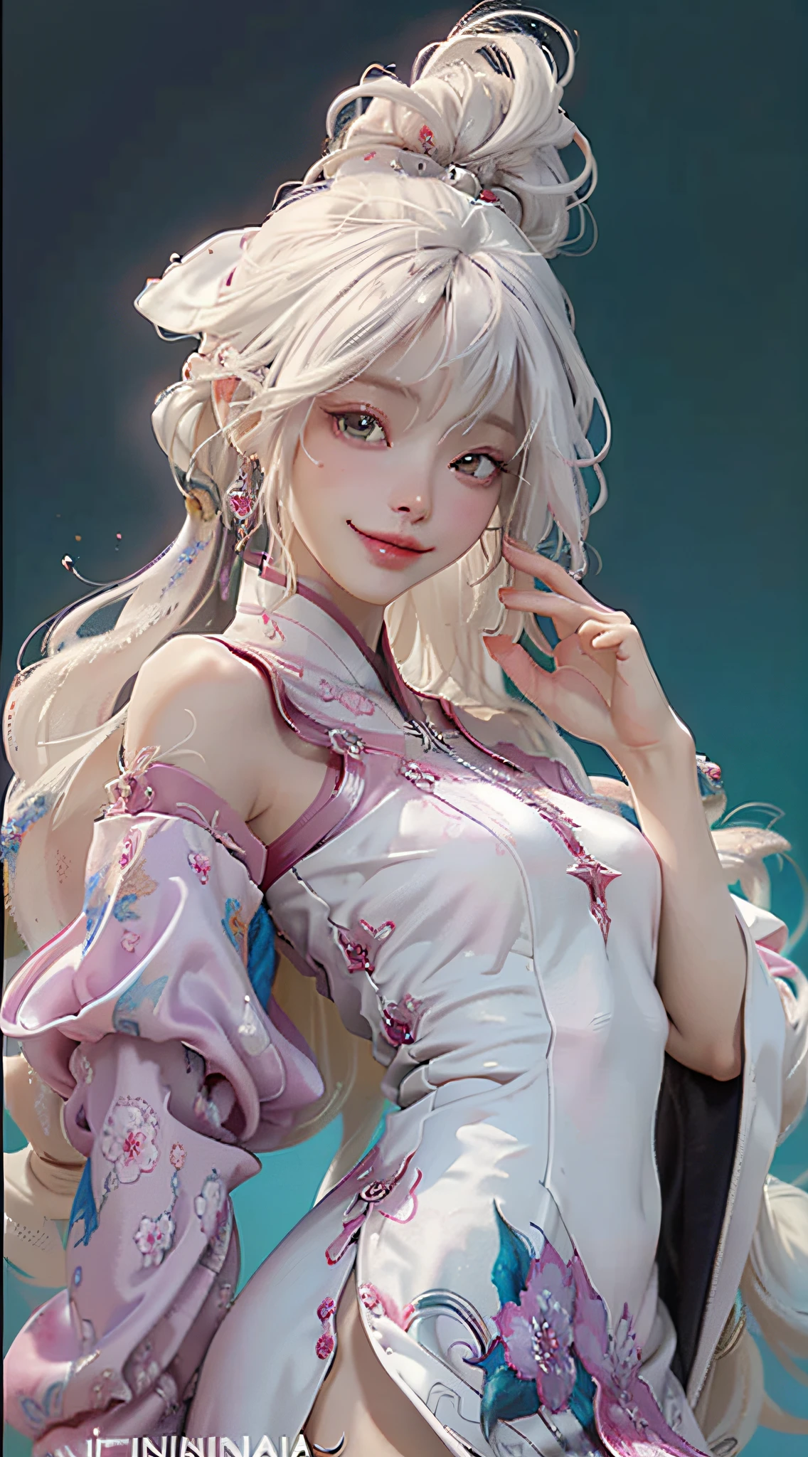 1girl, solo, white long hair, official art, unity 8k wallpaper, ultra detailed, beautiful and aesthetic, masterpiece, best quality, realistic, (zentangle, mandala, tangle, entangle), (fractal art), (ecstasy of silk:1.5), web, chain, extremely detailed, dynamic angle, epic composition, the most beautiful form of chaos, elegant, a brutalist designed, vivid colours, romanticism, zhongfenghua, grey mist, smile
