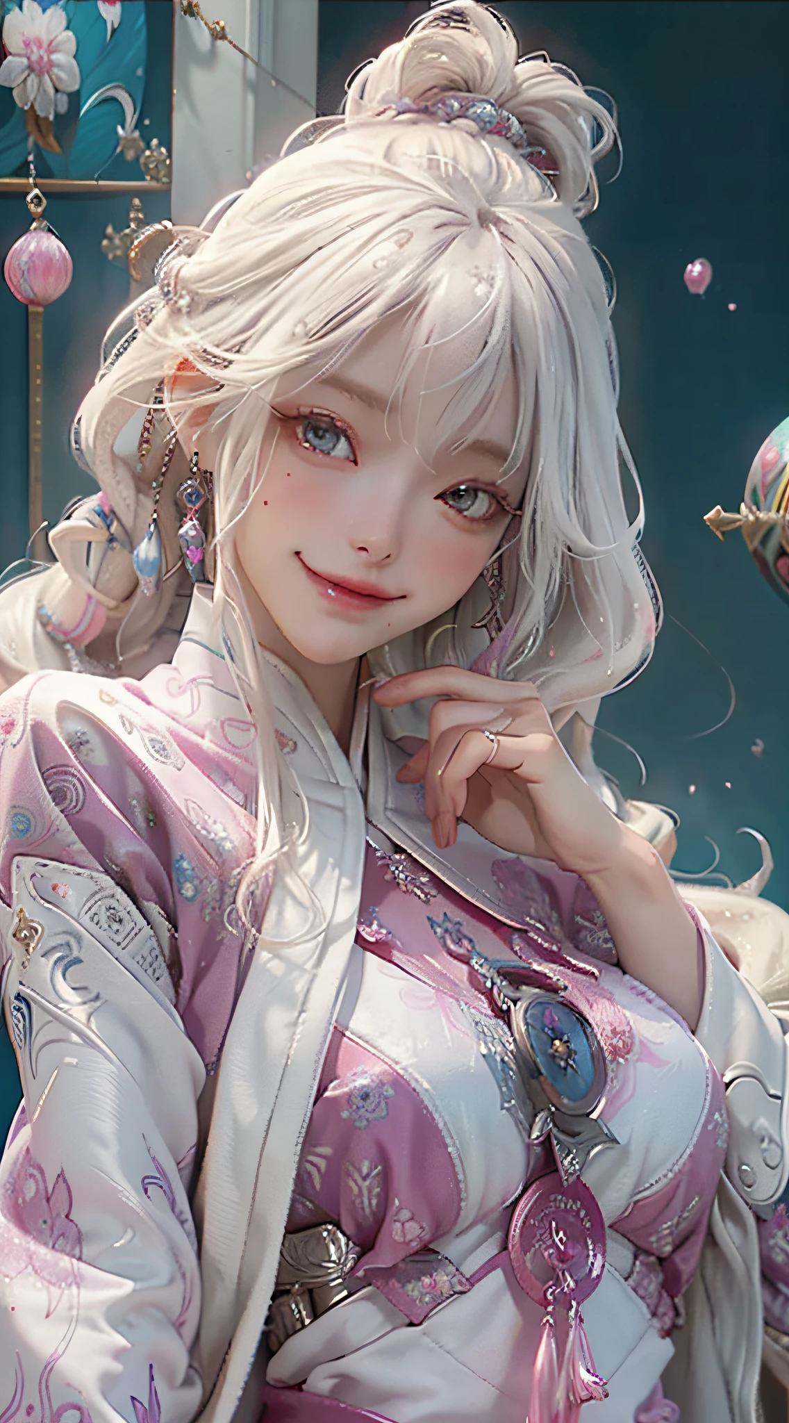 1girl, solo, white long hair, official art, unity 8k wallpaper, ultra detailed, beautiful and aesthetic, masterpiece, best quality, realistic, (zentangle, mandala, tangle, entangle), (fractal art), (ecstasy of silk:1.5), web, chain, extremely detailed, dynamic angle, epic composition, the most beautiful form of chaos, elegant, a brutalist designed, vivid colours, romanticism, zhongfenghua, grey mist, smile