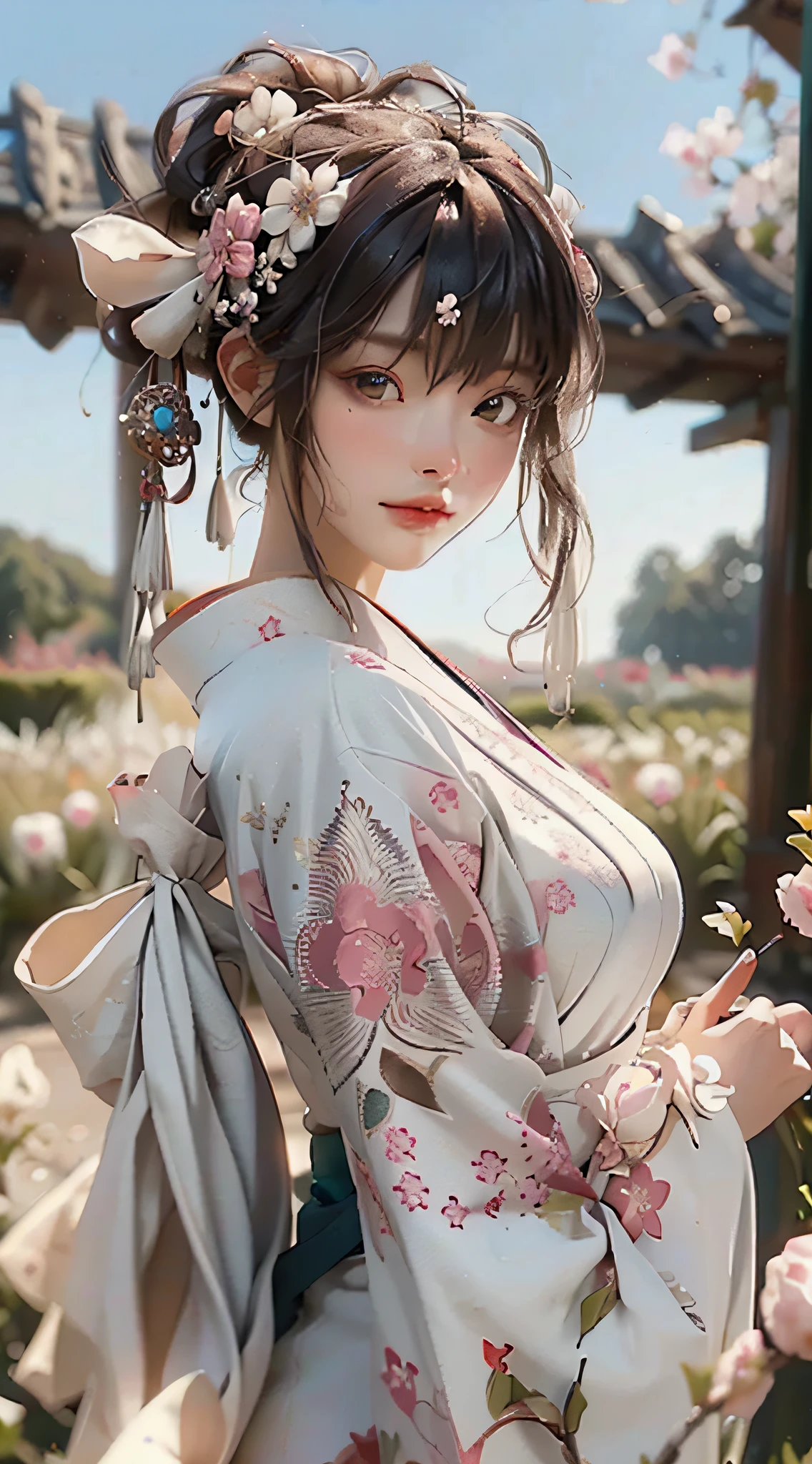 zhongfenghua, 1girl, (full body) solo, hanfu, flower field, blossom, (white smokes:1.3) (photorealistic:1.4), zentangle, mandala, entangle, official art, unity 8k wallpaper, ultra detailed, beautiful and aesthetic, masterpiece,best quality, (dynamic angle:1.4), glowing skin, (floating colorful sparkles:1) the most beautiful form of chaos, elegant, a brutalist designed, vivid colours, romanticism depth of field,